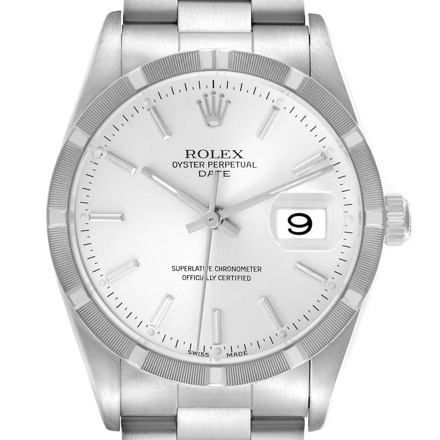 The Rolex Date 15210 Men's Stainless Steel Silver Dial model watch is shown from a front angle, highlighting the dial, bezel, crown, and part of the bracelet.