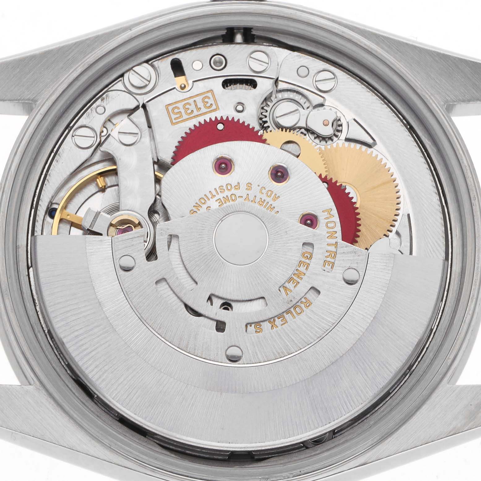 The image shows the movement mechanism of a Rolex Date 15210 Men
s Stainless Steel Silver Dial watch from a top view, revealing gears and intricate components.