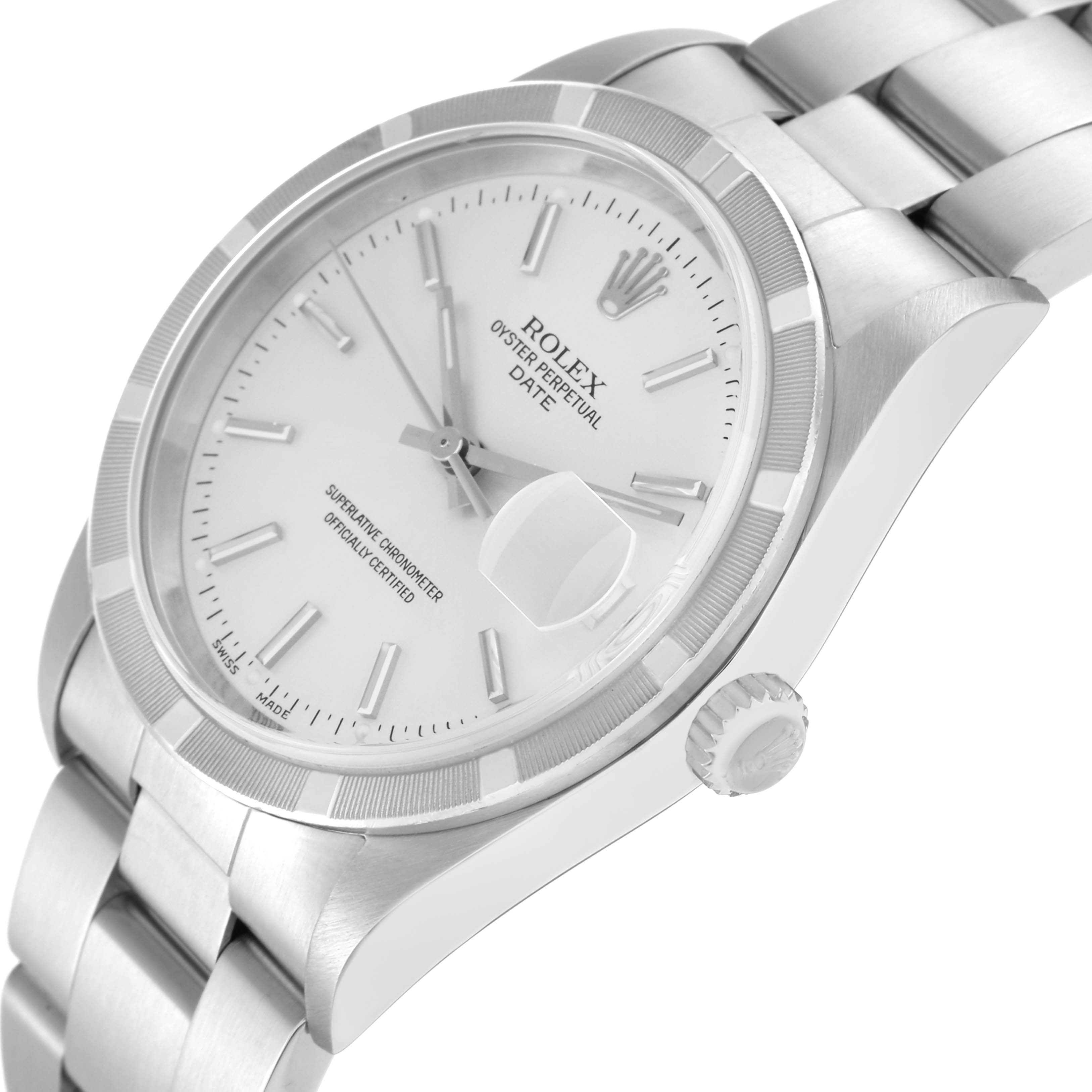 The Rolex Date 15210 Men
s Stainless Steel Silver Dial watch is shown at a slight angle, highlighting the dial, bezel, crown, and part of the bracelet.