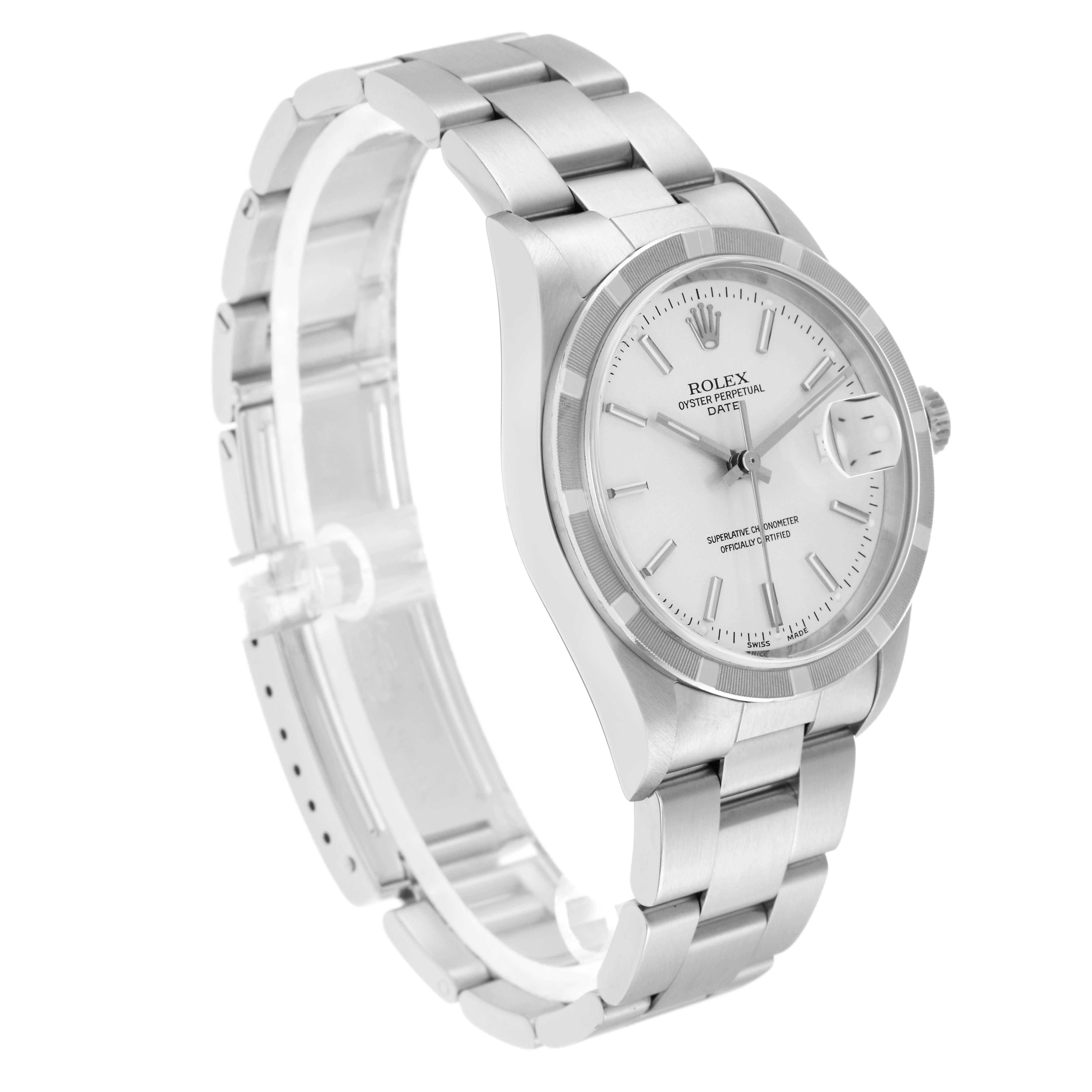 The Rolex Date 15210 Men
s Stainless Steel Silver Dial model is shown at a three-quarter angle, highlighting the dial, bezel, bracelet, and crown.