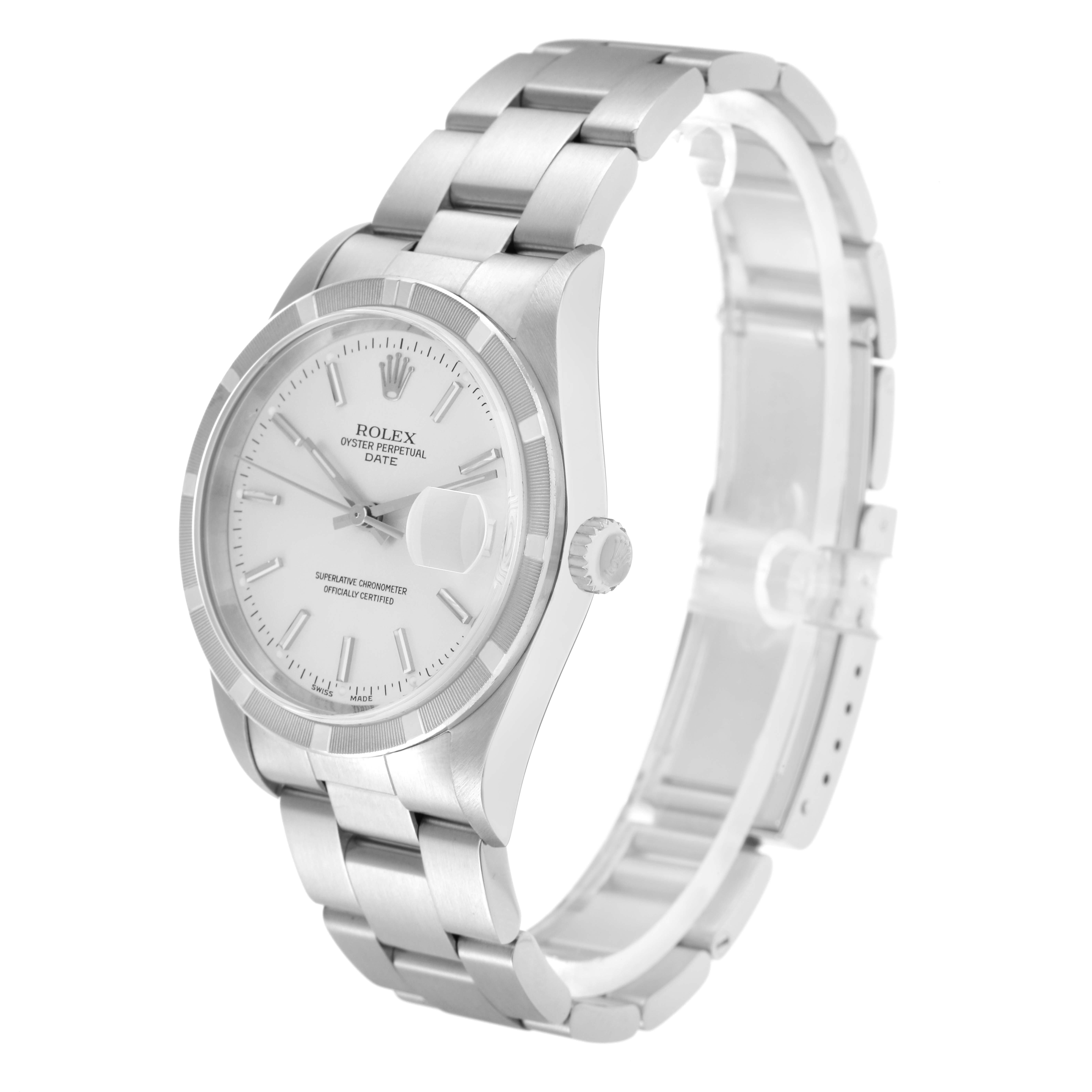 The Rolex Date 15210 Men
s Stainless Steel Silver Dial model watch is shown at a three-quarter angle, displaying its dial, bezel, crown, and full bracelet.