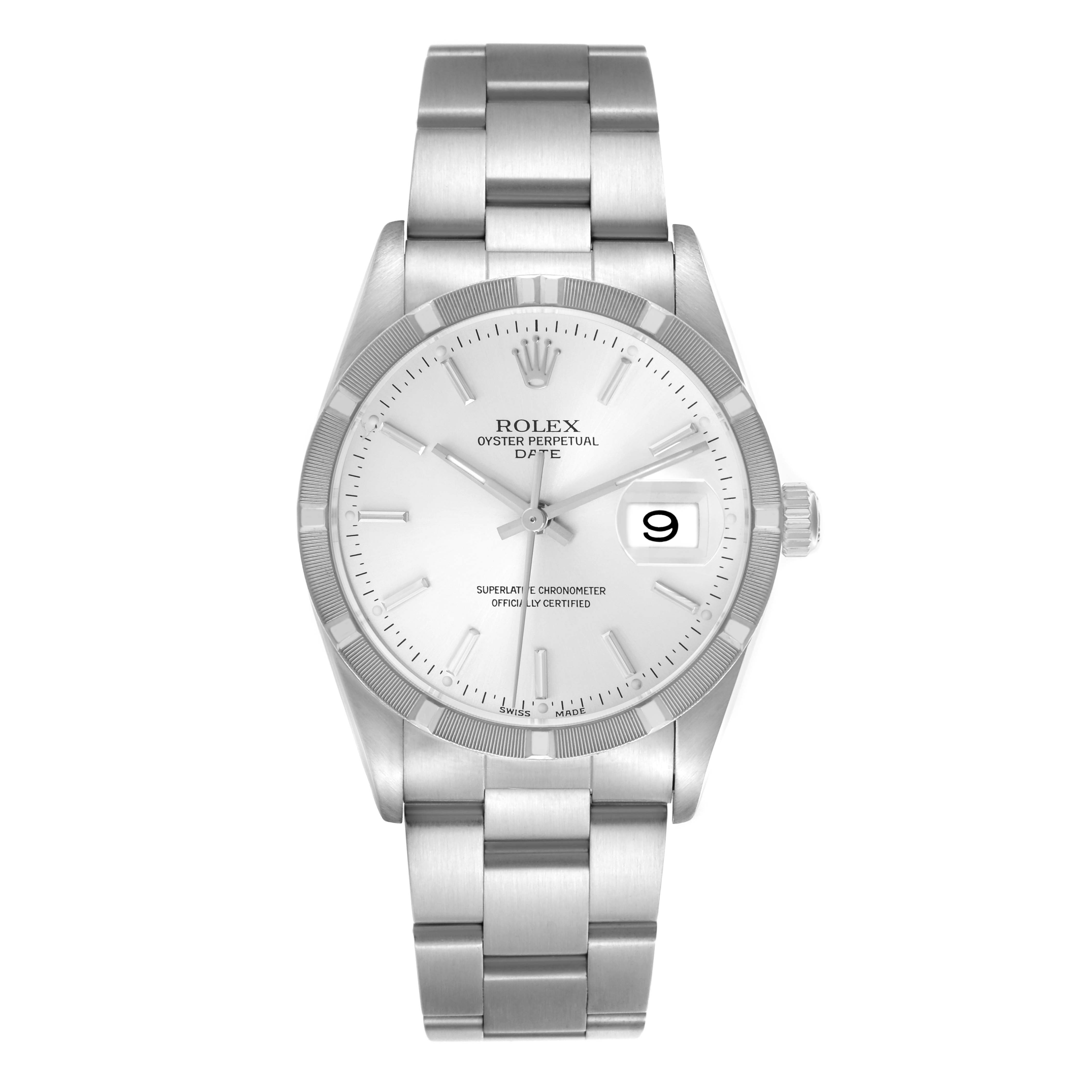 The Rolex Date 15210 Men
s Stainless Steel Silver Dial watch is shown from a straight-on angle, displaying its dial, bezel, and bracelet.