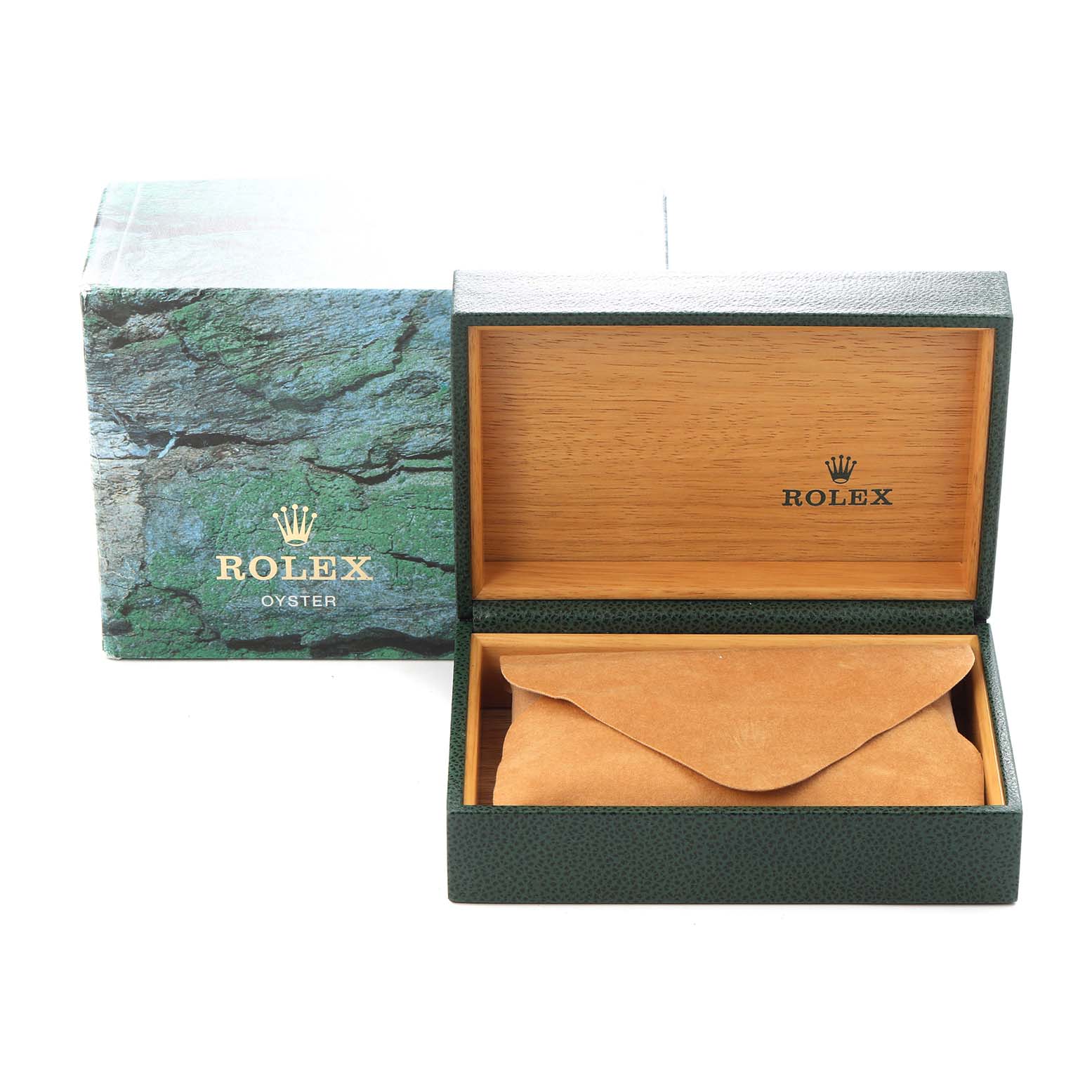 The image shows a Rolex Date 15210 Men
s Stainless Steel Silver Dial model watch box, featuring the outer box and an open inner box with a leather pouch.