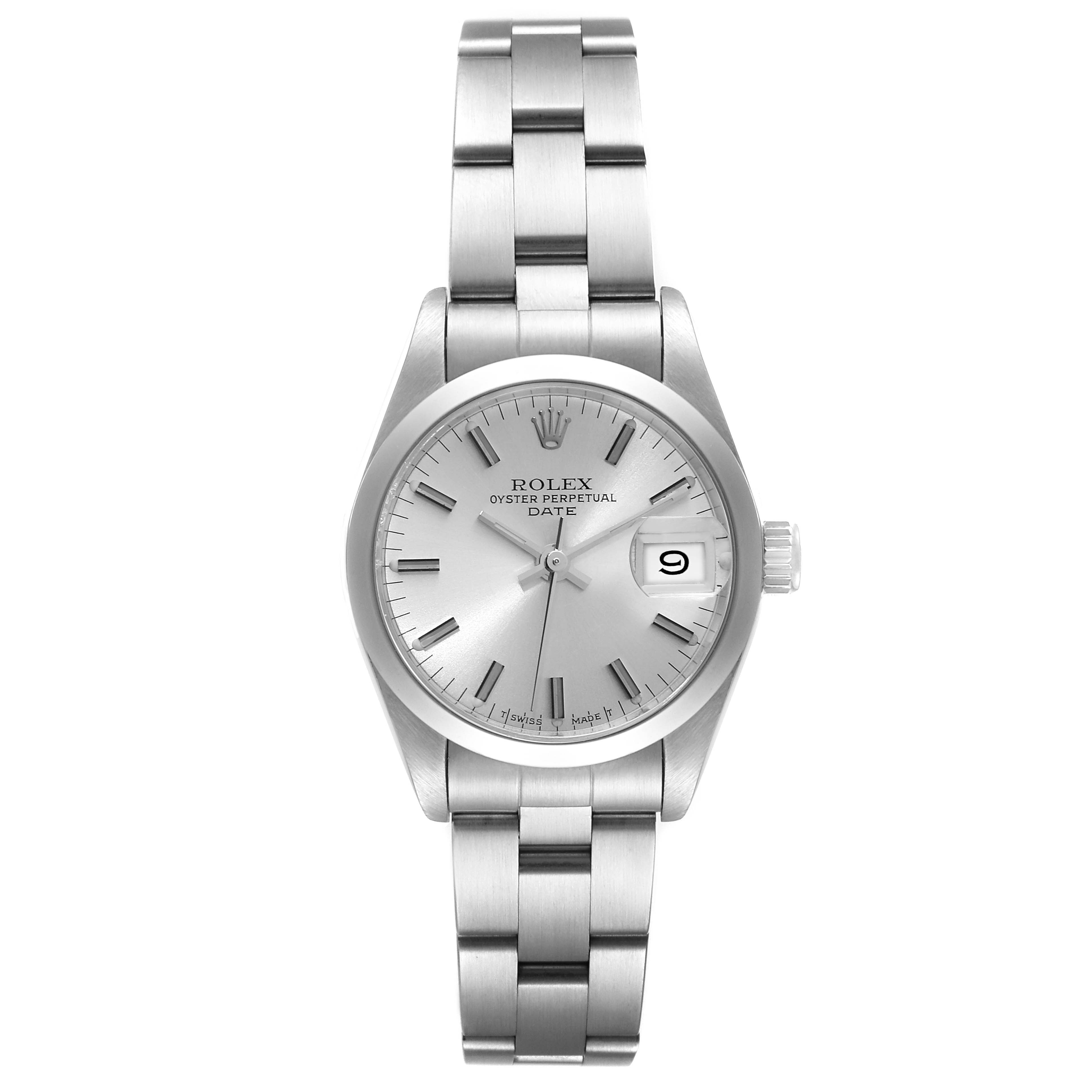The image shows a frontal view of a Rolex Date 69160 Women
s Stainless Steel Silver Dial 69160 Women
s Stainless Steel Silver Dial model watch, displaying the dial, hands, bracelet, and date window.