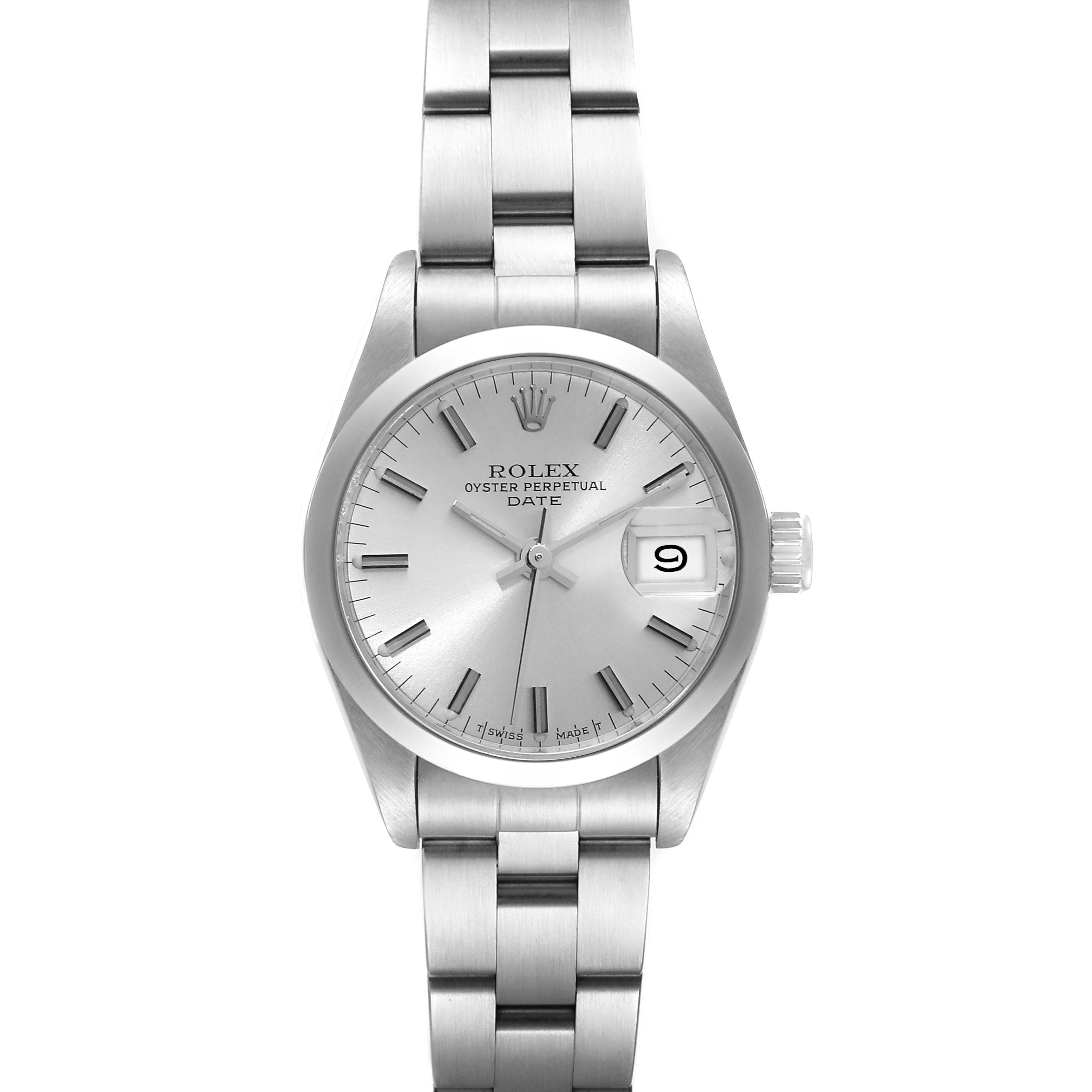 A front view of a Rolex Date 69160 Women
s Stainless Steel Silver Dial 69160 Women
s Stainless Steel Silver Dial model watch, showing the dial, bracelet, crown, and date window.