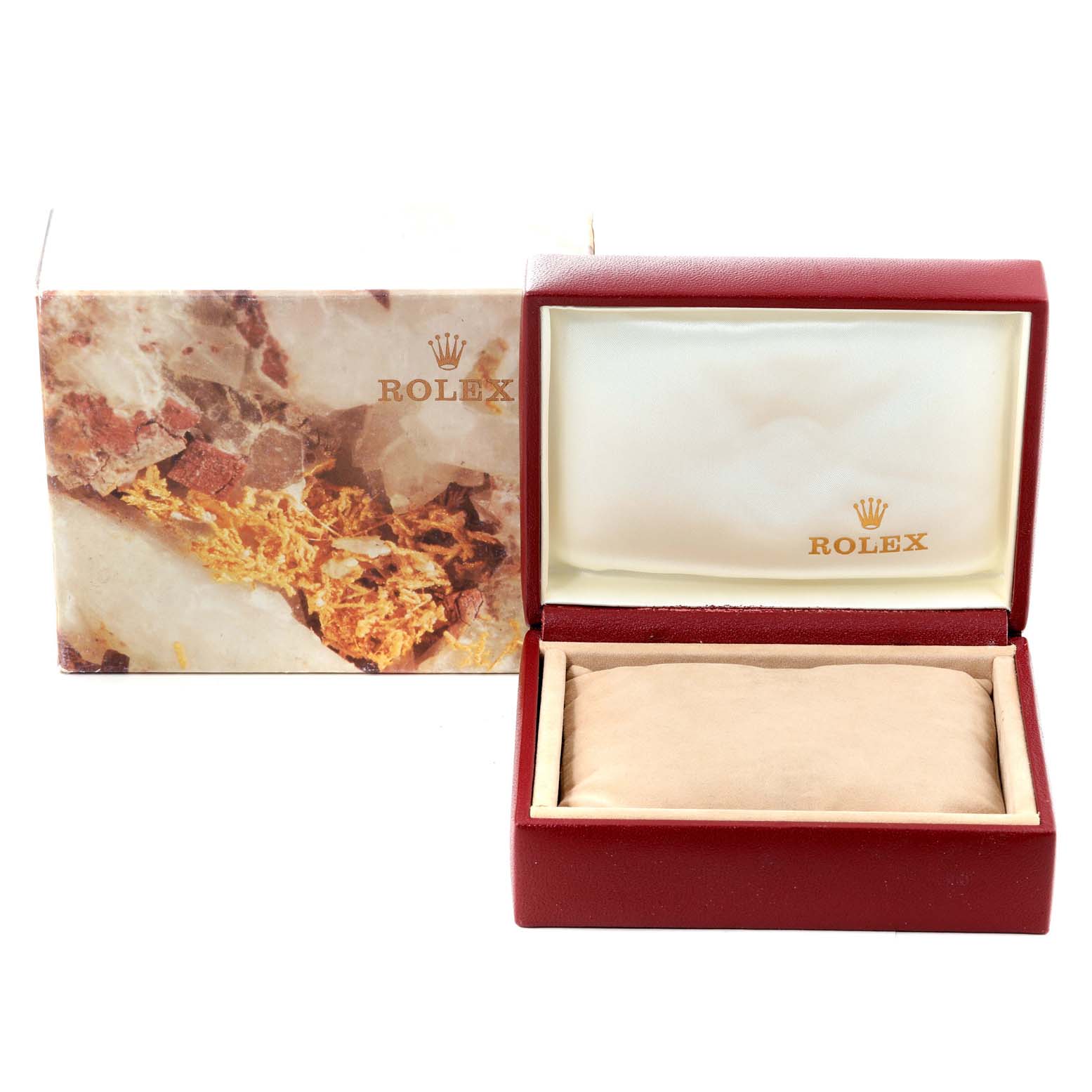 The image shows the packaging for a Rolex Date 69160 Women
s Stainless Steel Silver Dial 69160 Women
s Stainless Steel Silver Dial model watch, including an outer box and an empty, open inner watch box.