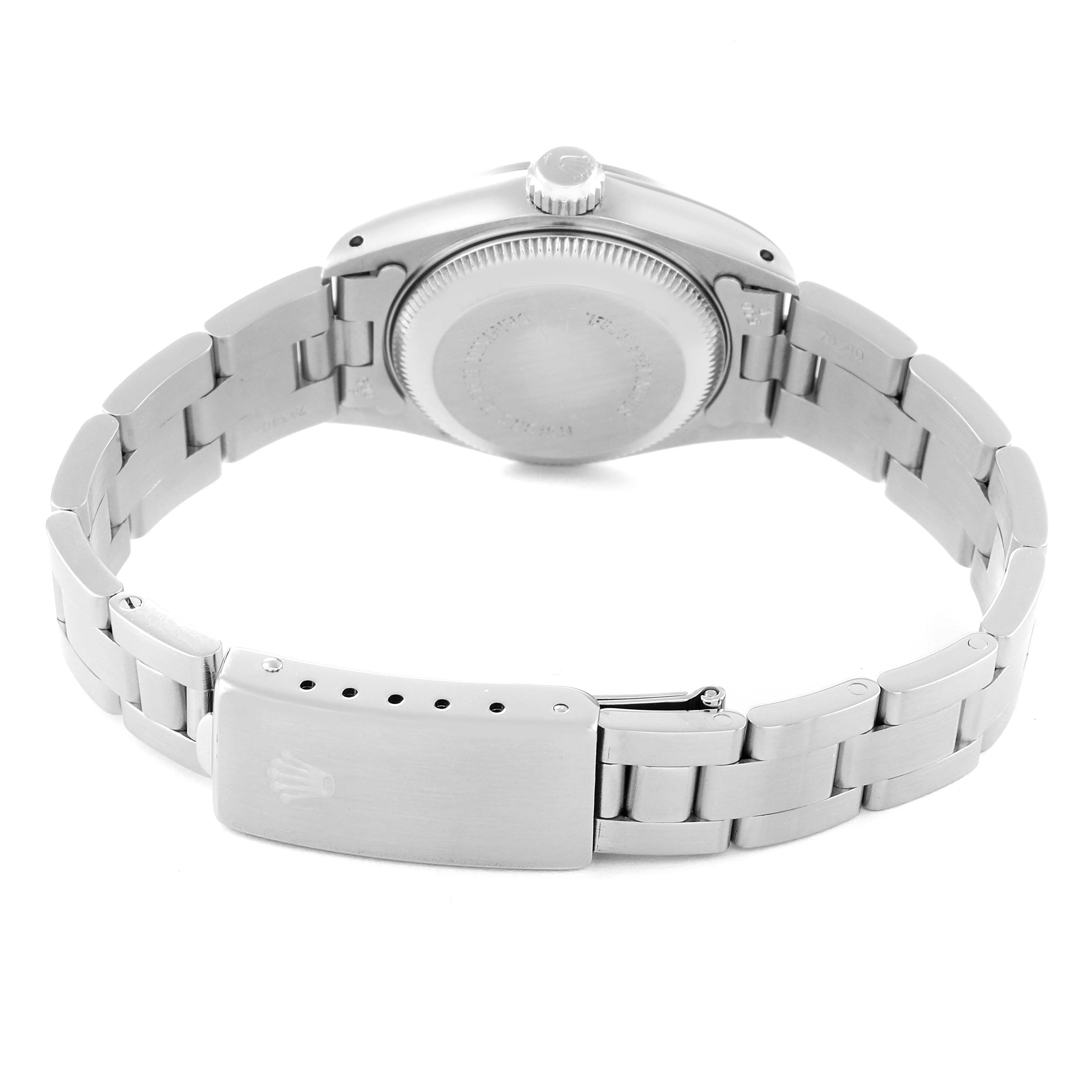 The image shows the back angle of a Rolex Date 69160 Women
s Stainless Steel Silver Dial 69160 Women
s Stainless Steel Silver Dial model watch, highlighting its bracelet, clasp, and case back.