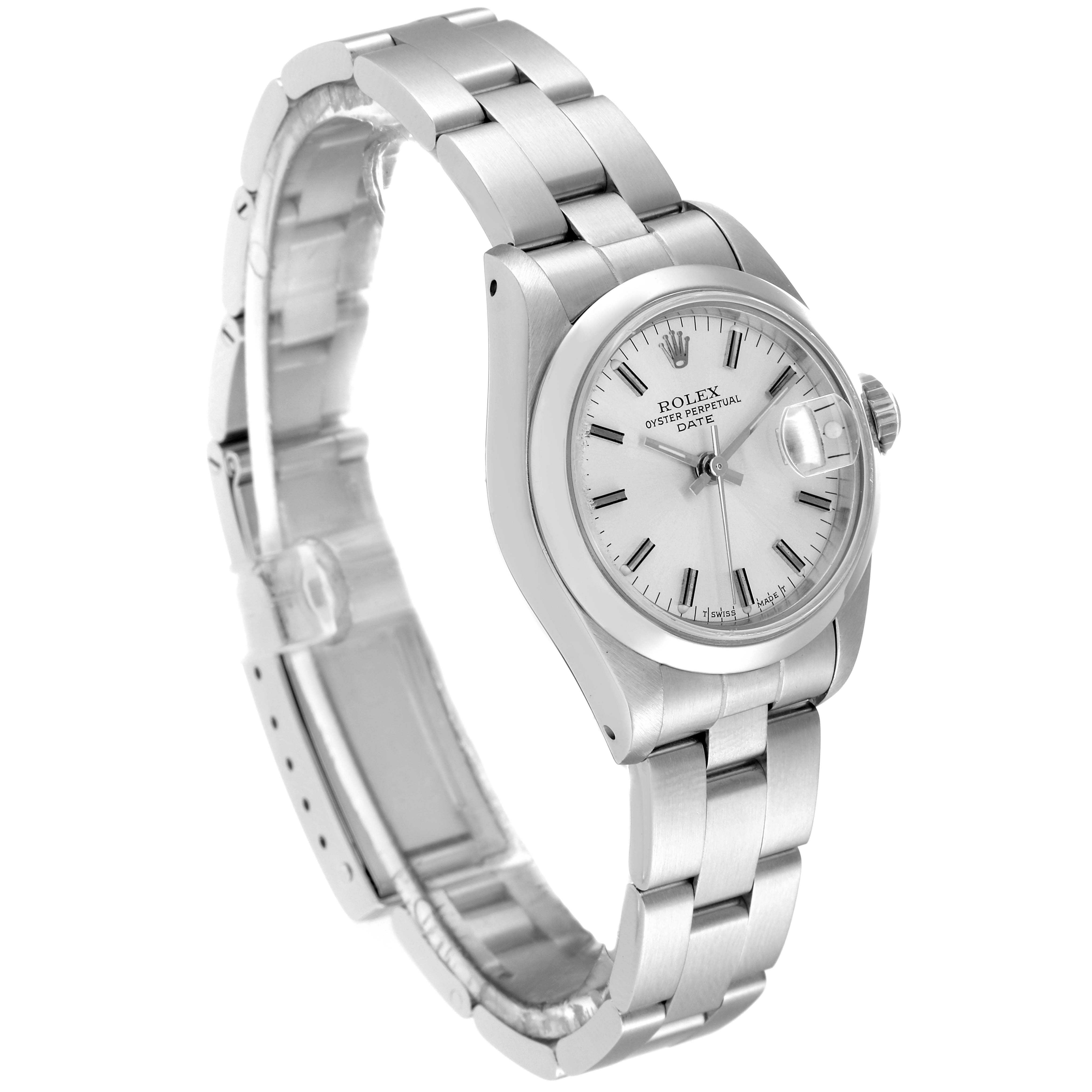 The Rolex Date 69160 Women
s Stainless Steel Silver Dial 69160 Women
s Stainless Steel Silver Dial watch is shown at a three-quarter angle, highlighting the dial, bracelet, and crown.