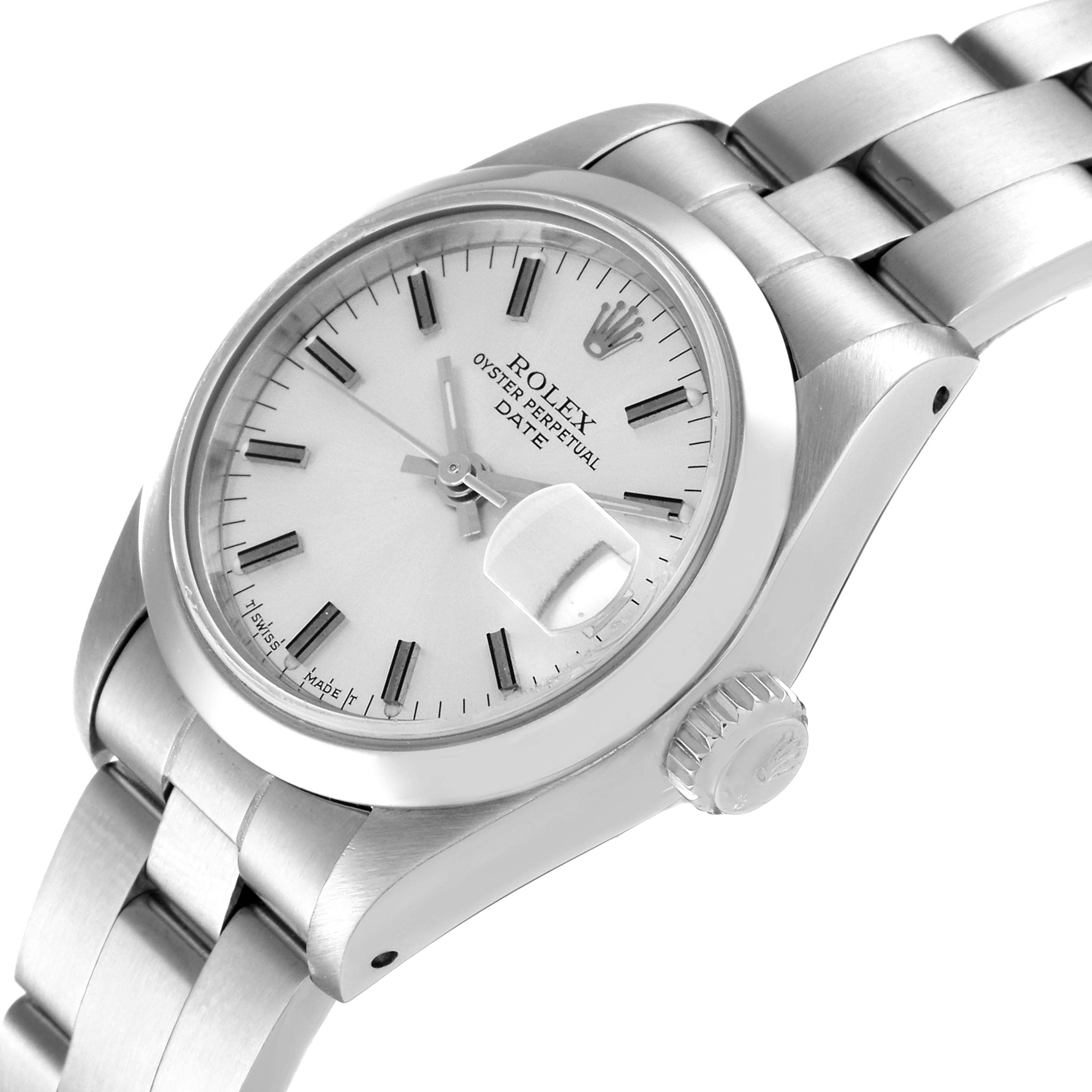 This image shows a stainless steel Rolex Date 69160 Women
s Stainless Steel Silver Dial 69160 Women
s Stainless Steel Silver Dial model watch at an angled side view, highlighting the face, crown, and bracelet.