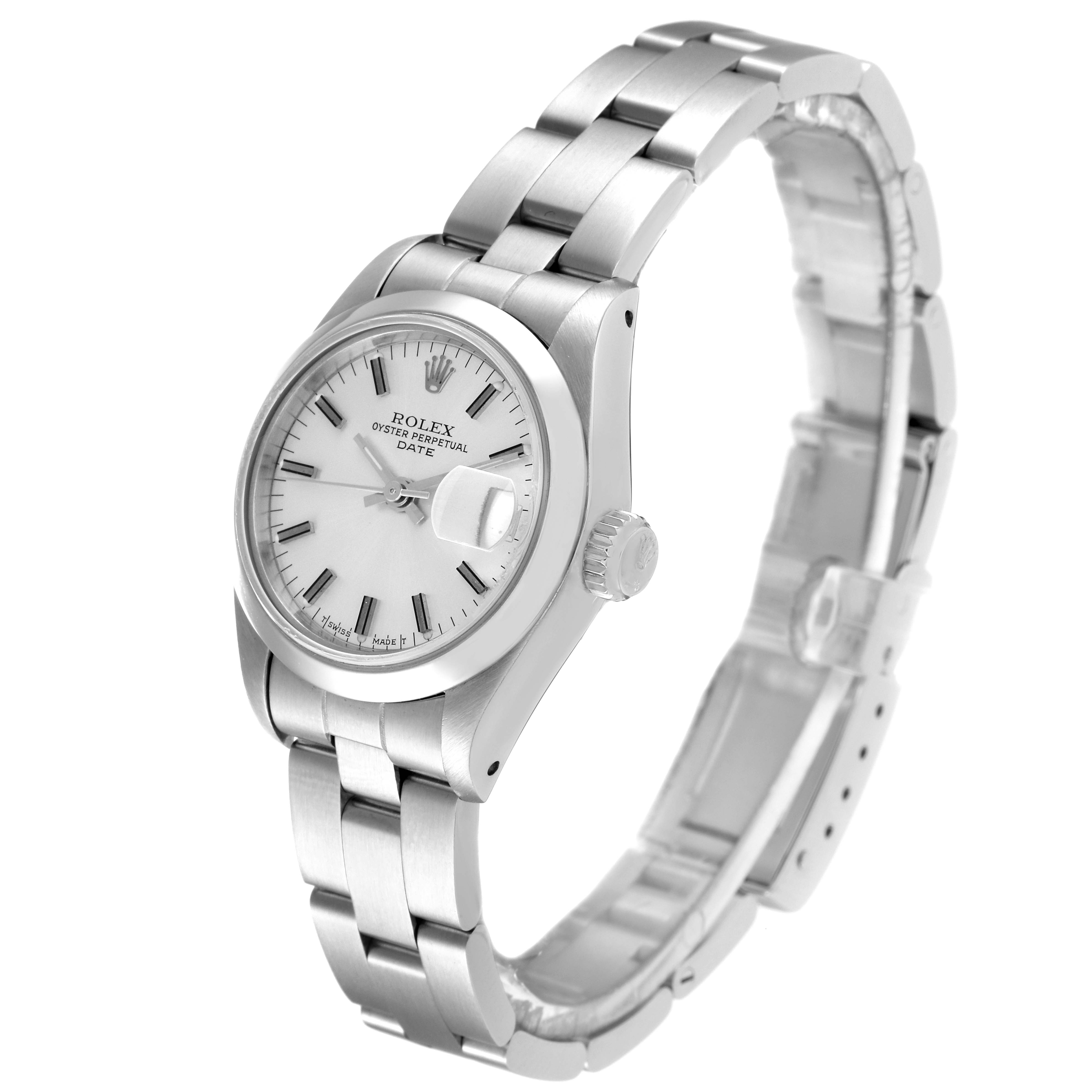 This image shows a side view of a Rolex Date 69160 Women
s Stainless Steel Silver Dial 69160 Women
s Stainless Steel Silver Dial model watch, highlighting its dial, case, bracelet, and crown.