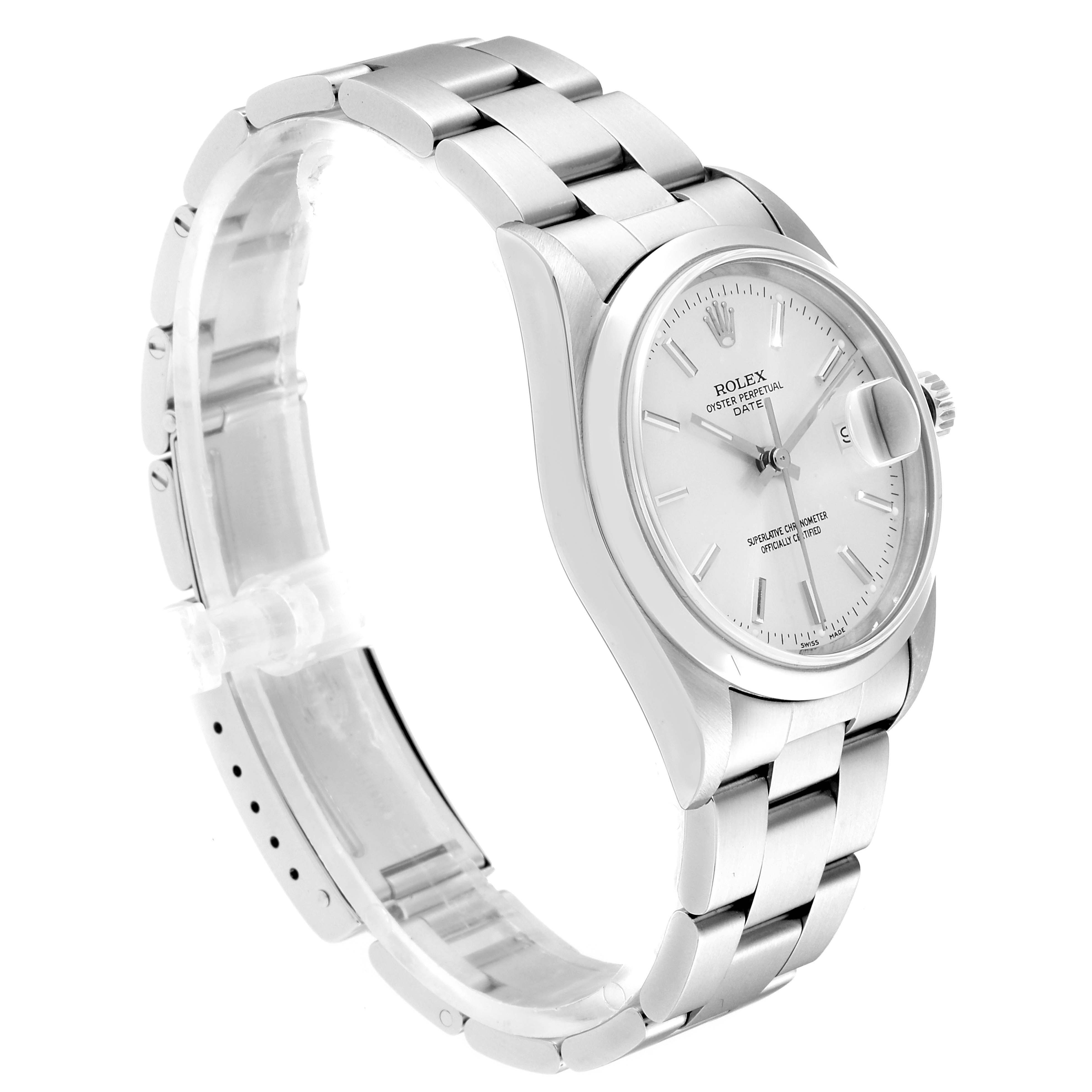 The image shows a Rolex Date 15200 Men's Stainless Steel Silver Dial 15200 Men's Stainless Steel Silver Dial model watch at a three-quarter angle, highlighting the dial, bracelet, and clasp.