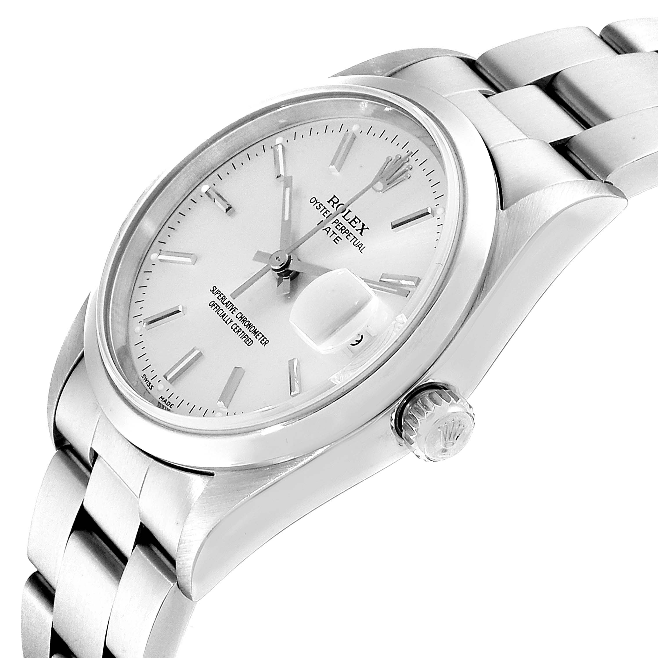 This image shows a Rolex Date 15200 Men's Stainless Steel Silver Dial 15200 Men's Stainless Steel Silver Dial model watch at an angled view, highlighting its dial, bracelet, and crown.