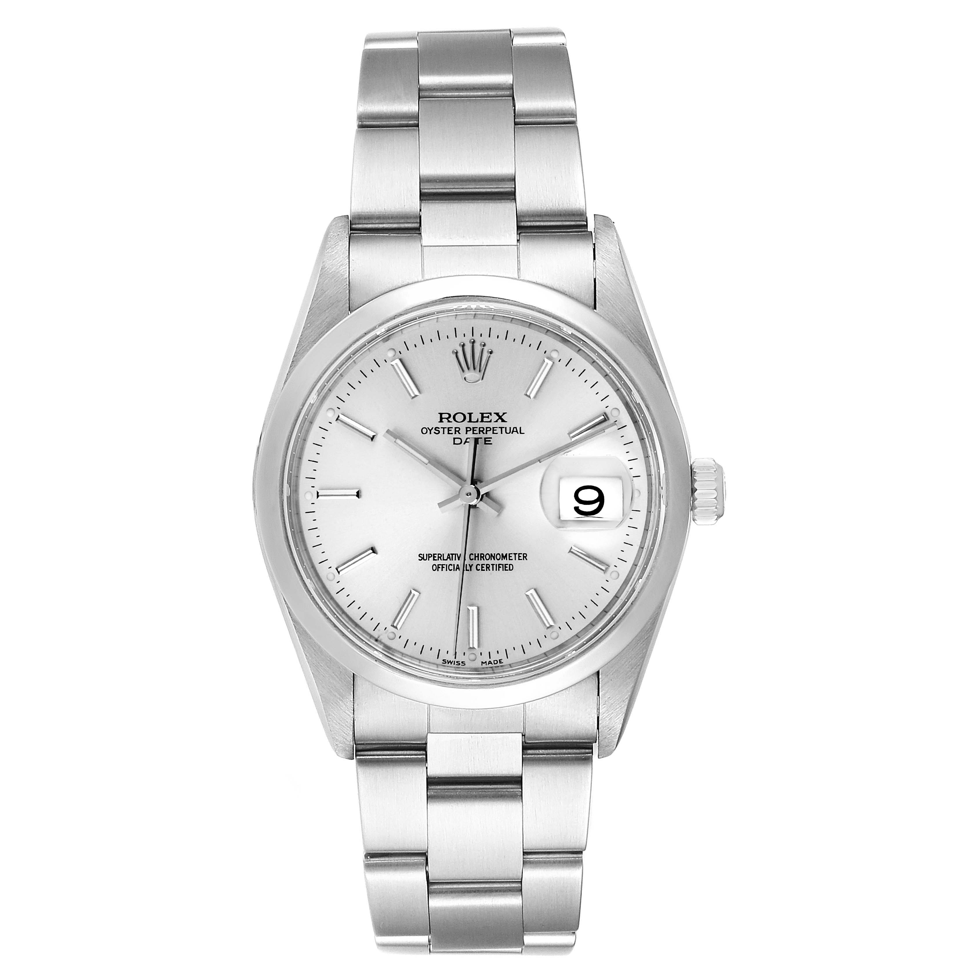 The image shows a front view of a Rolex Oyster Perpetual Date watch displaying the dial, bracelet, and date window.