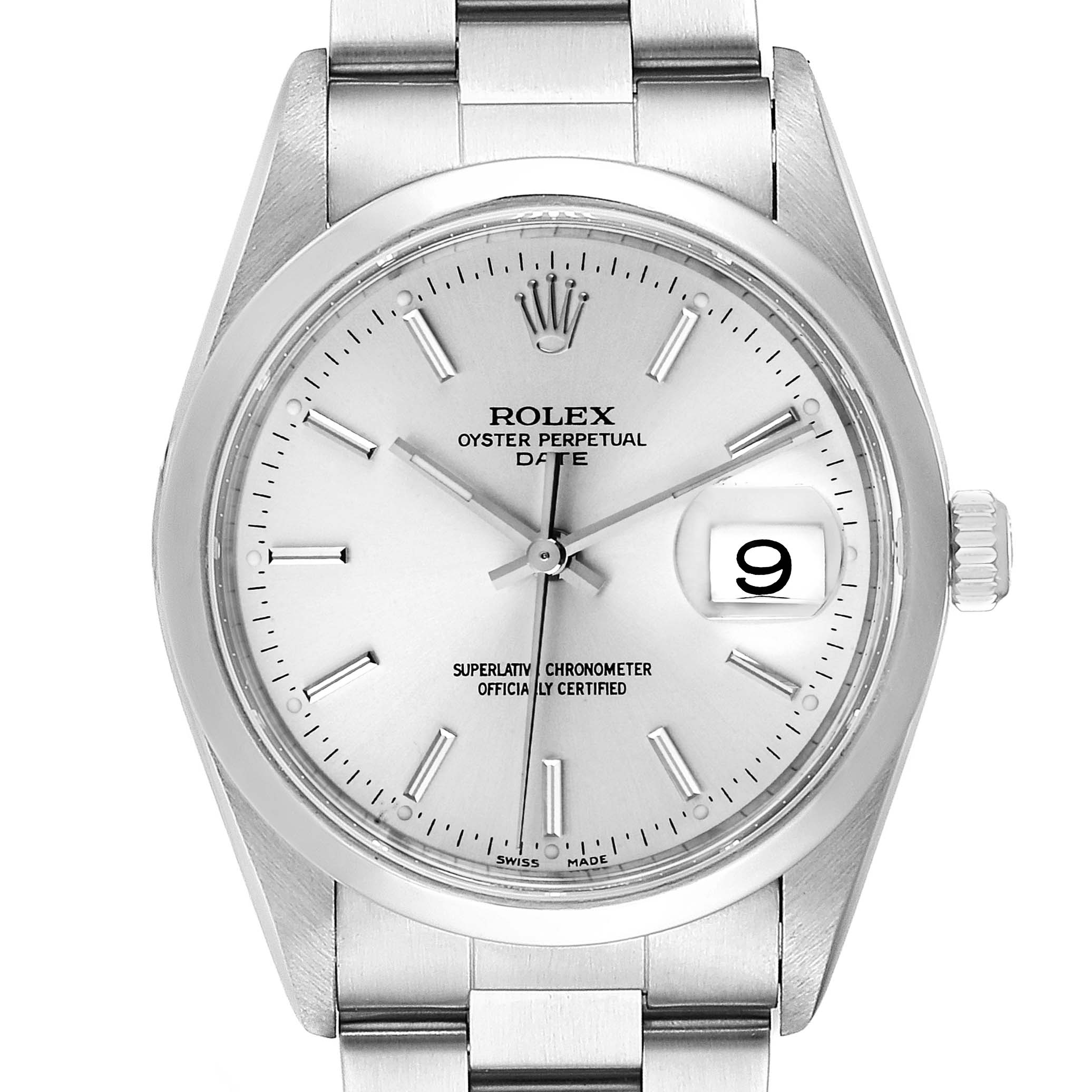 This image shows a frontal view of the Rolex Date 15200 Men's Stainless Steel Silver Dial 15200 Men's Stainless Steel Silver Dial model watch, including the dial, bezel, crown, and part of the bracelet.