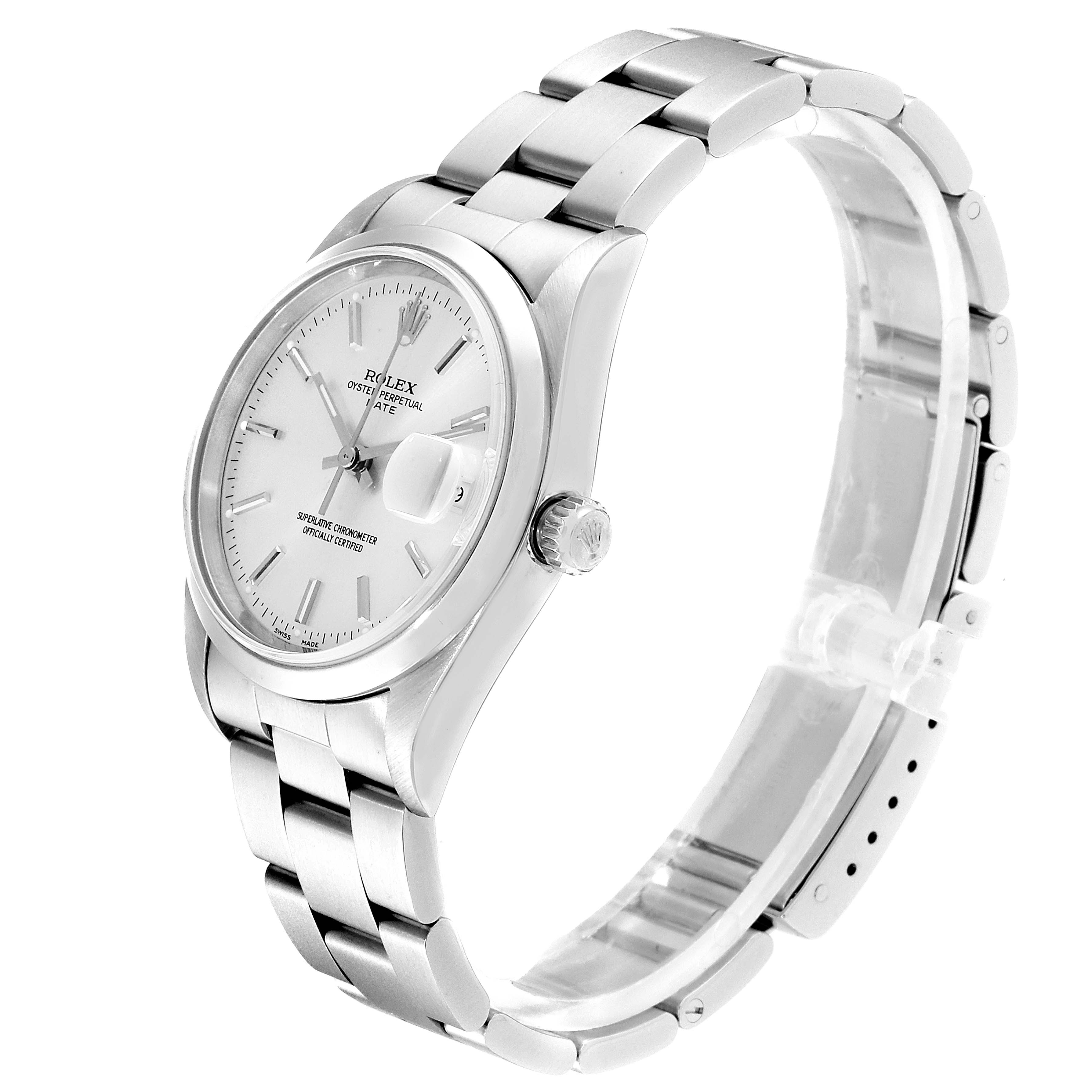 This image shows a Rolex Date 15200 Men's Stainless Steel Silver Dial 15200 Men's Stainless Steel Silver Dial watch from an oblique angle, highlighting the dial, bracelet, and crown.