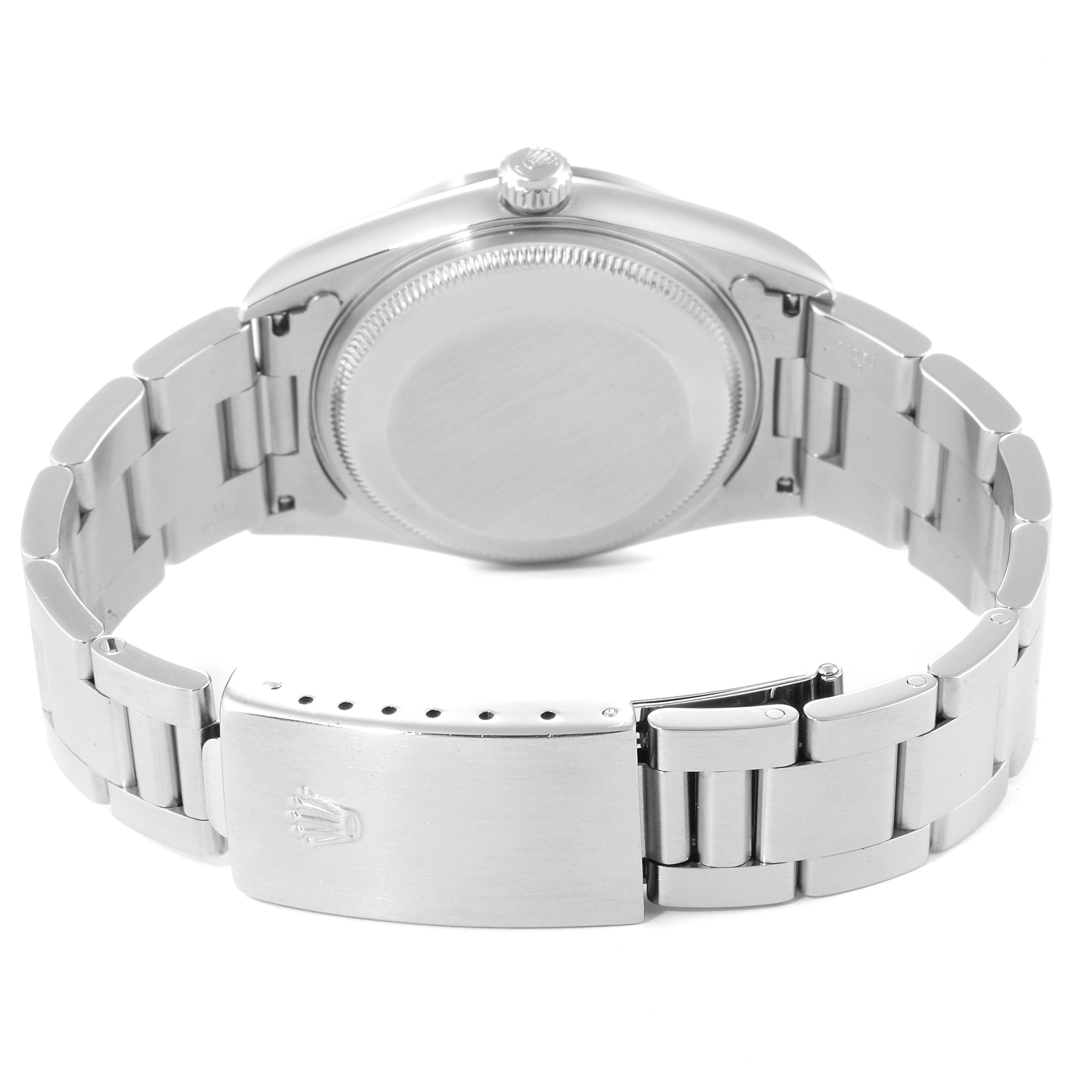 The image shows the back of a Rolex Date 15200 Men's Stainless Steel Silver Dial 15200 Men's Stainless Steel Silver Dial model watch, including the case back, bracelet, and clasp.