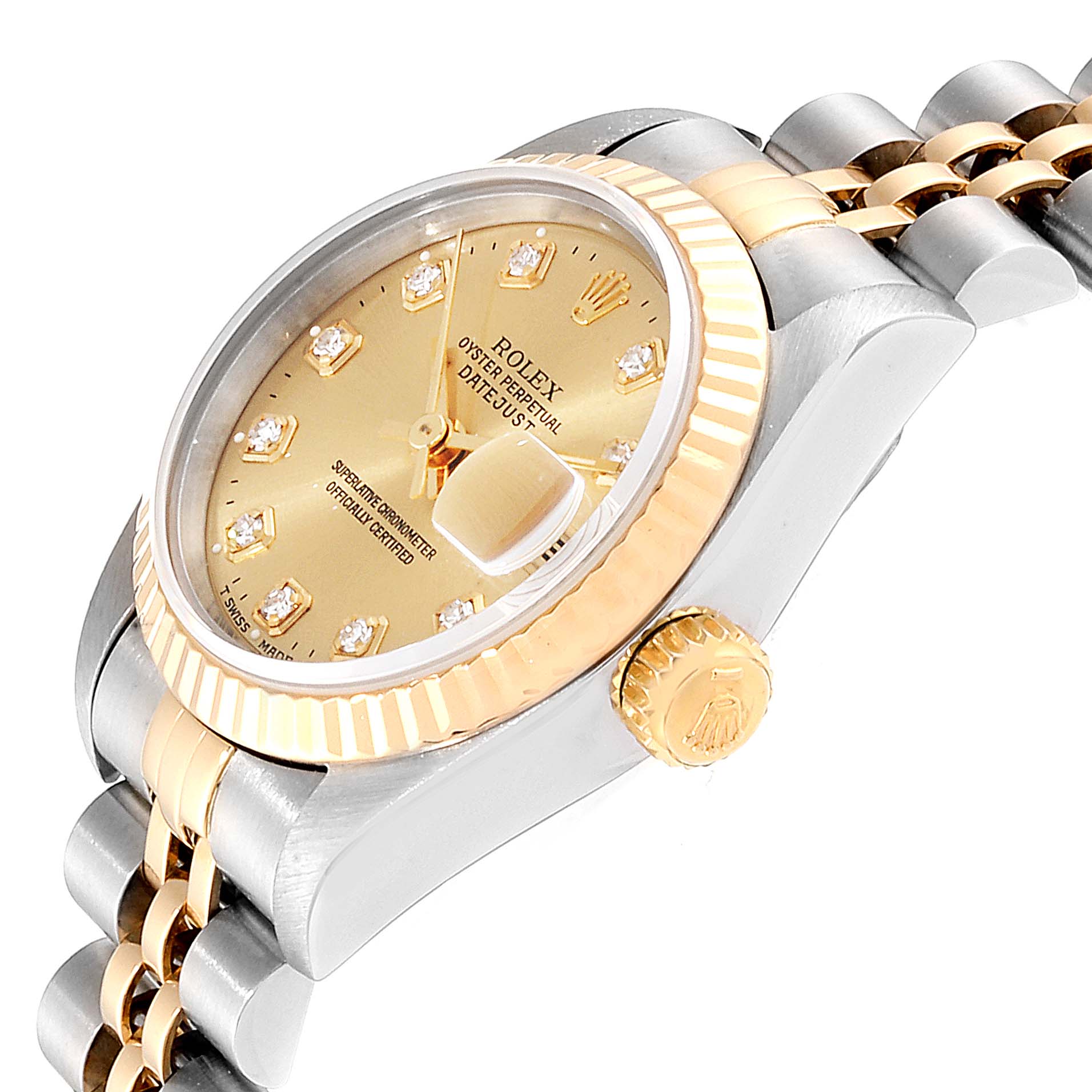 The Rolex Datejust 69173 Women
s Steel and Gold (two tone) Champagne Dial 69173 Women
s Steel and Gold (two tone) Champagne Dial watch is shown at an angle highlighting the face, crown, fluted bezel, and part of the bracelet.