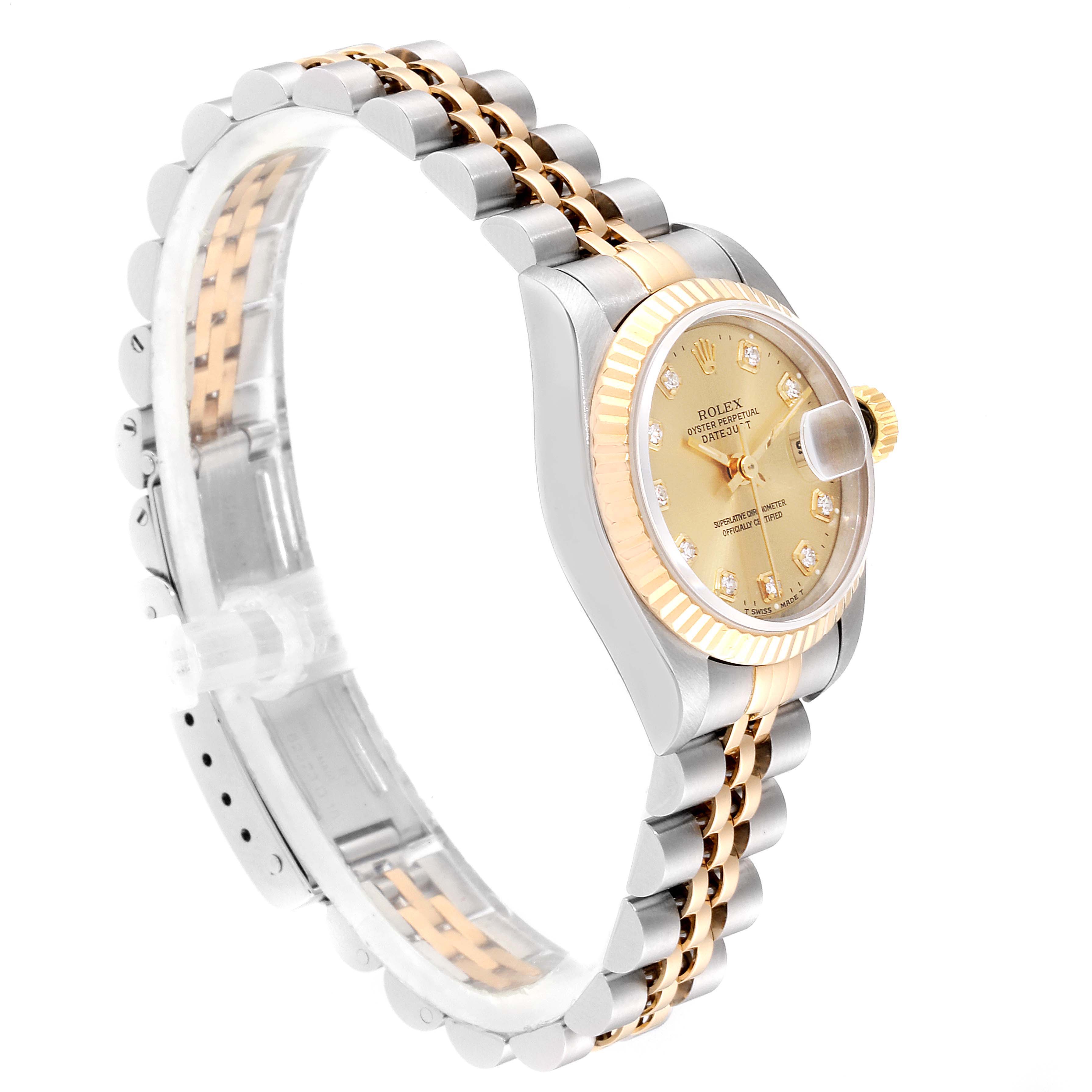 The image shows a side angle of a Rolex Datejust 69173 Women
s Steel and Gold (two tone) Champagne Dial 69173 Women
s Steel and Gold (two tone) Champagne Dial watch, highlighting the dial, bezel, case, and bracelet.