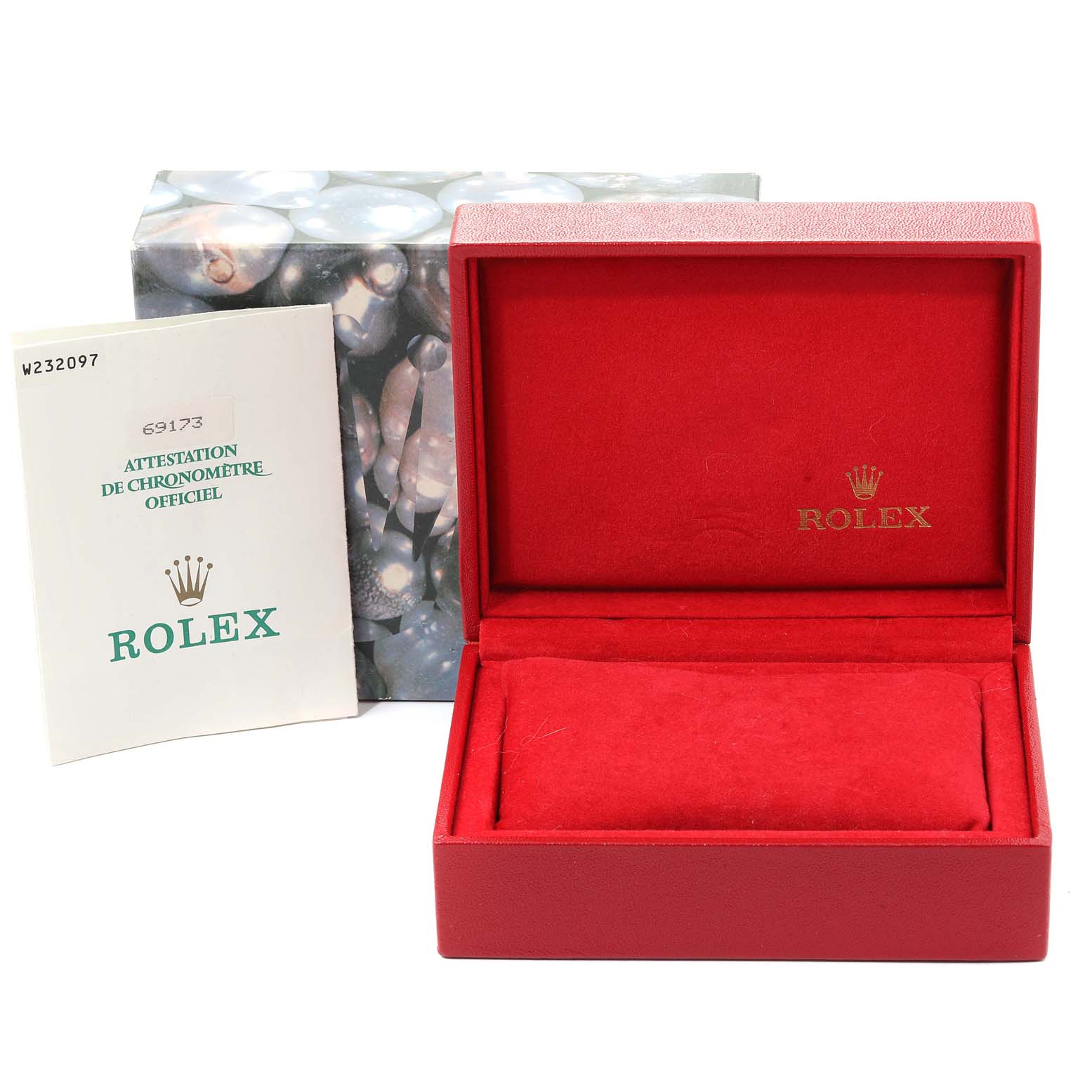 This image shows an open red Rolex box and certification papers, but the Rolex Datejust 69173 Women
s Steel and Gold (two tone) Champagne Dial 69173 Women
s Steel and Gold (two tone) Champagne Dial watch itself is not present.
