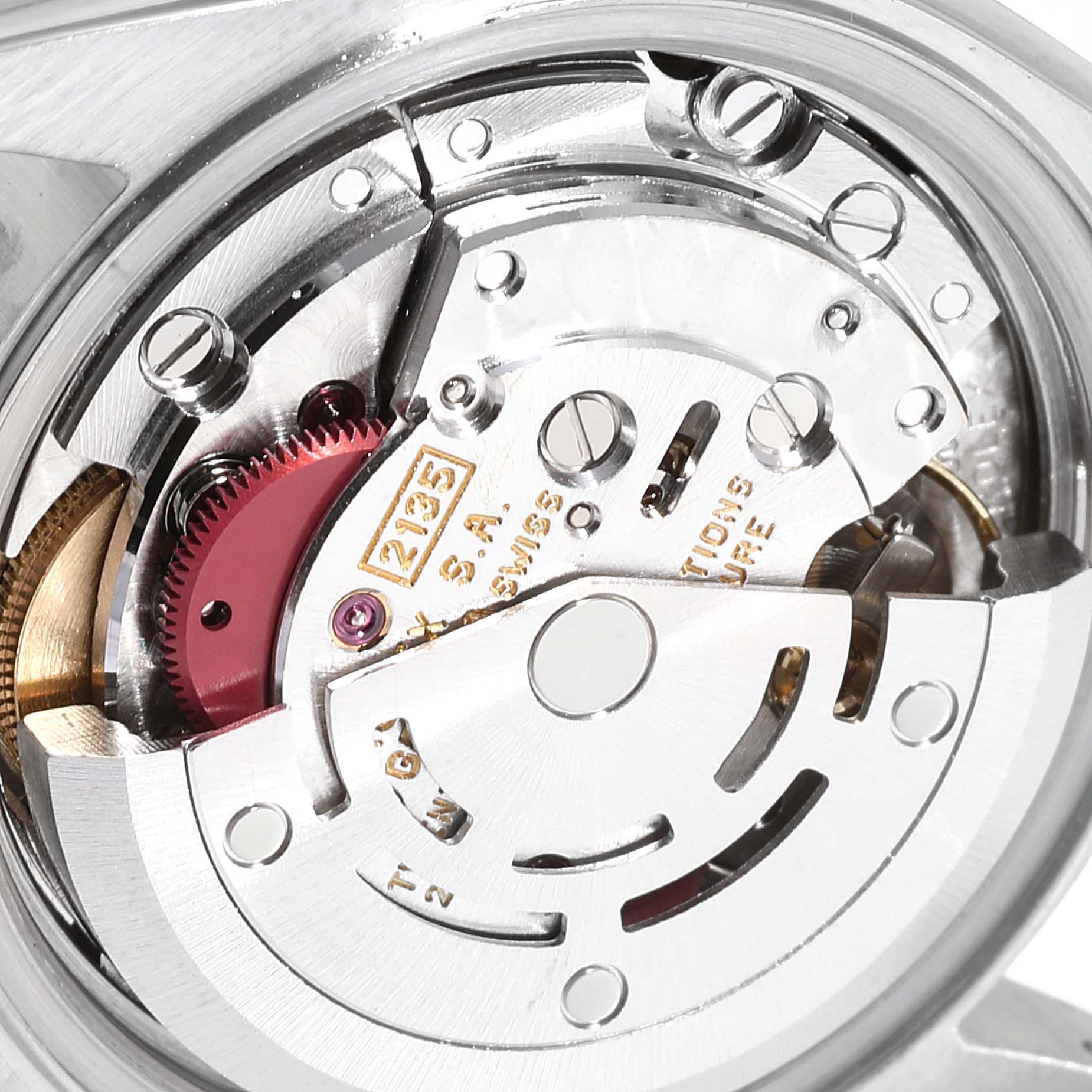 This image shows a close-up view of the movement of a Rolex Datejust 69173 Women
s Steel and Gold (two tone) Champagne Dial 69173 Women
s Steel and Gold (two tone) Champagne Dial watch.