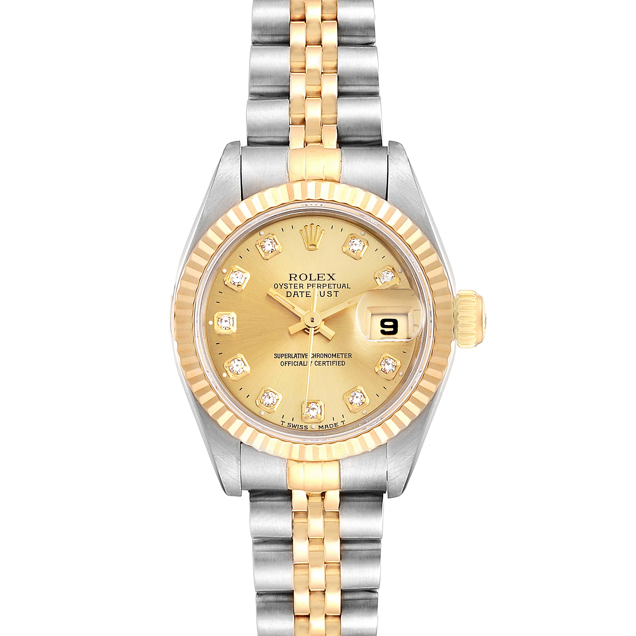 The image shows the Rolex Datejust 69173 Women
s Steel and Gold (two tone) Champagne Dial 69173 Women
s Steel and Gold (two tone) Champagne Dial watch from a top-down angle, highlighting its dial, bezel, and two-tone bracelet.