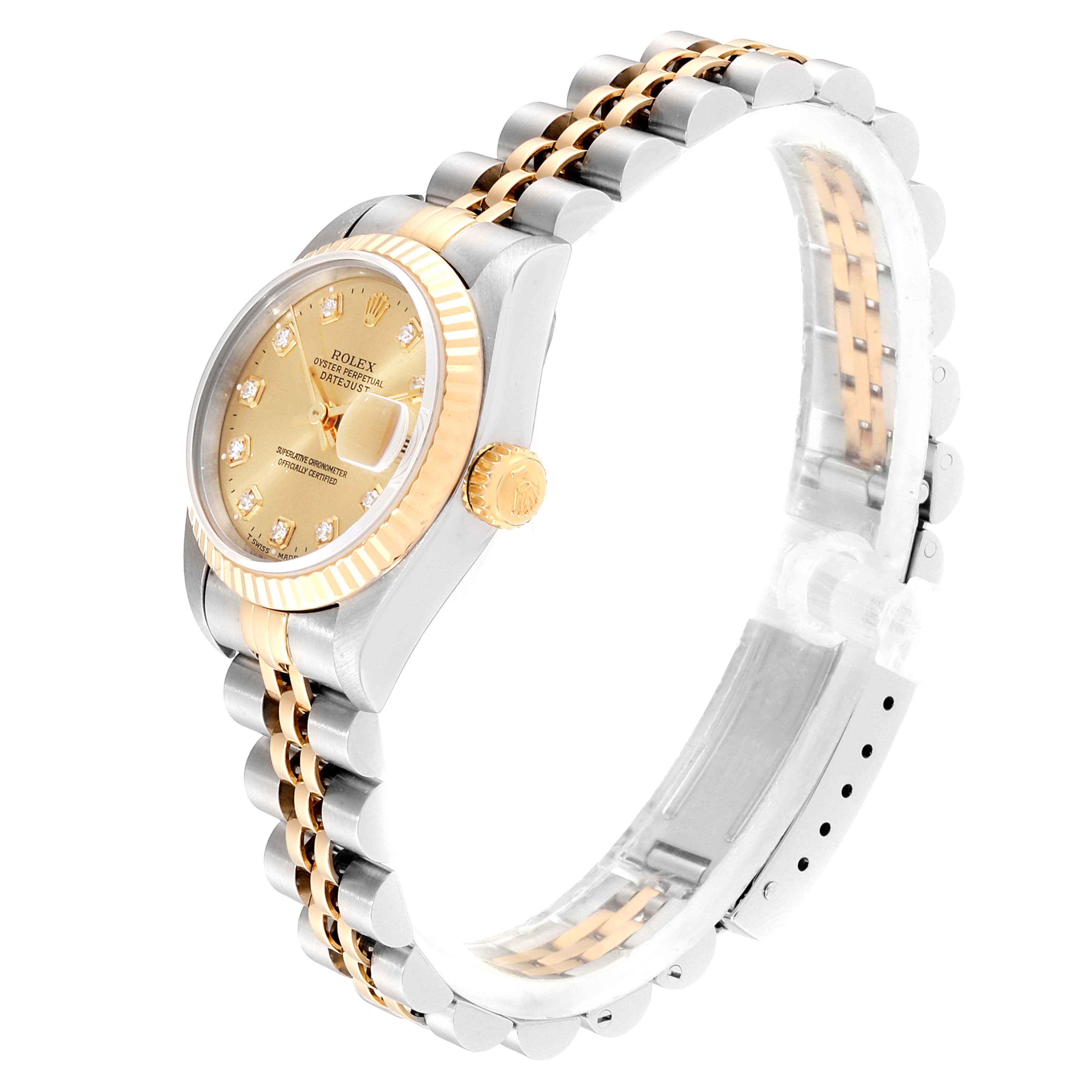 The image shows a Rolex Datejust 69173 Women
s Steel and Gold (two tone) Champagne Dial 69173 Women
s Steel and Gold (two tone) Champagne Dial watch at an angled side view, highlighting its gold and silver bracelet and gold bezel.