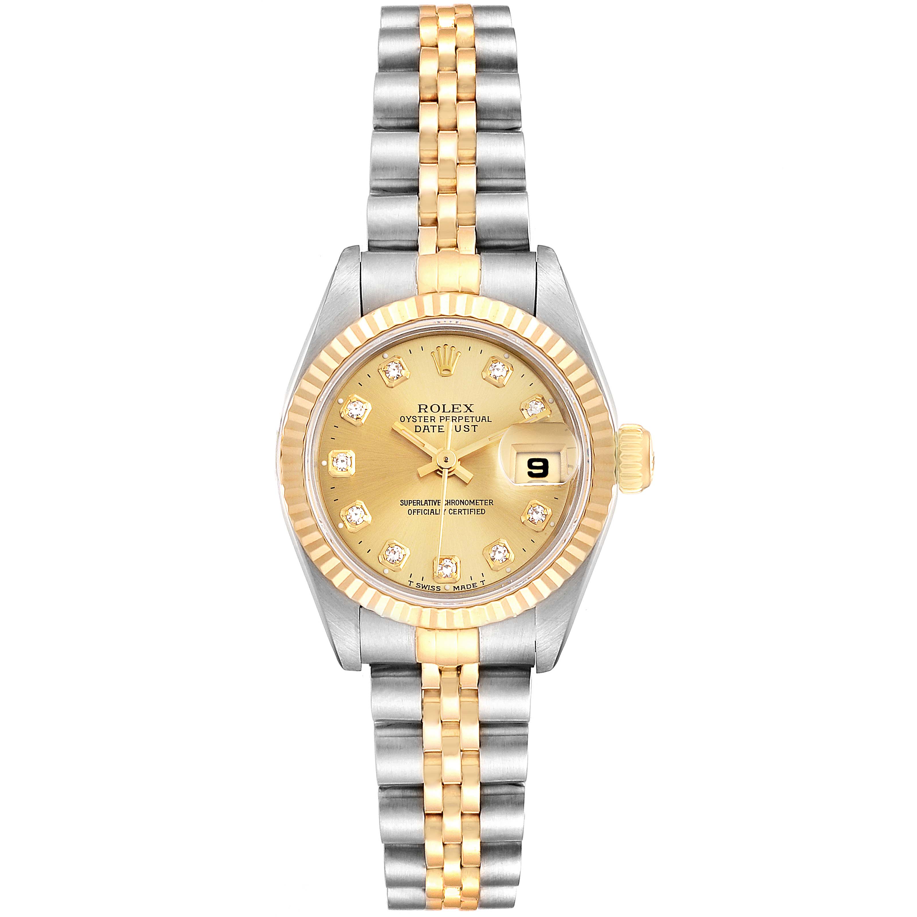 This image shows a front view of a Rolex Datejust 69173 Women
s Steel and Gold (two tone) Champagne Dial 69173 Women
s Steel and Gold (two tone) Champagne Dial watch, featuring a gold dial, fluted bezel, and two-tone bracelet.
