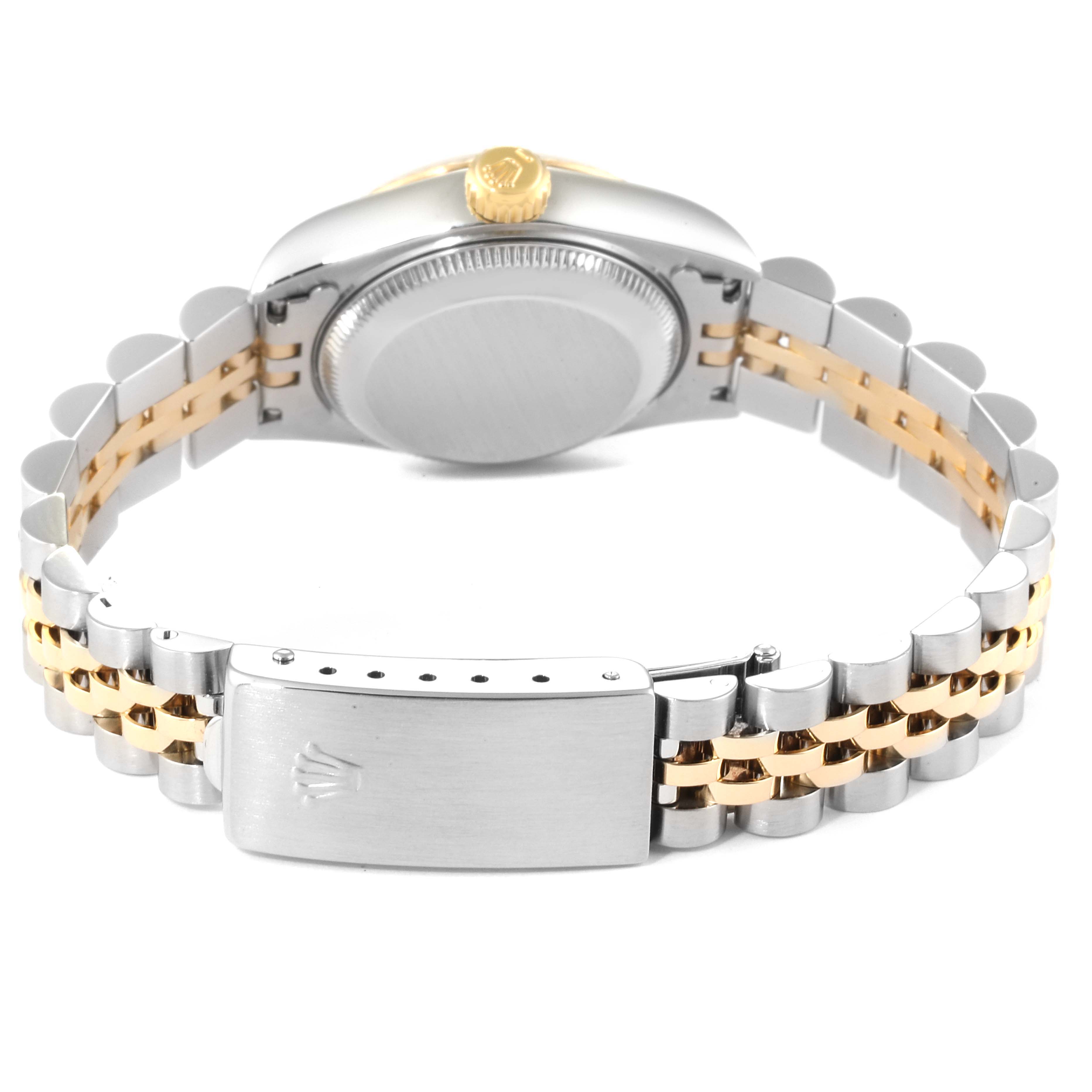 The image shows the back of a Rolex Datejust 69173 Women
s Steel and Gold (two tone) Champagne Dial 69173 Women
s Steel and Gold (two tone) Champagne Dial watch, highlighting the bracelet, case back, and clasp.