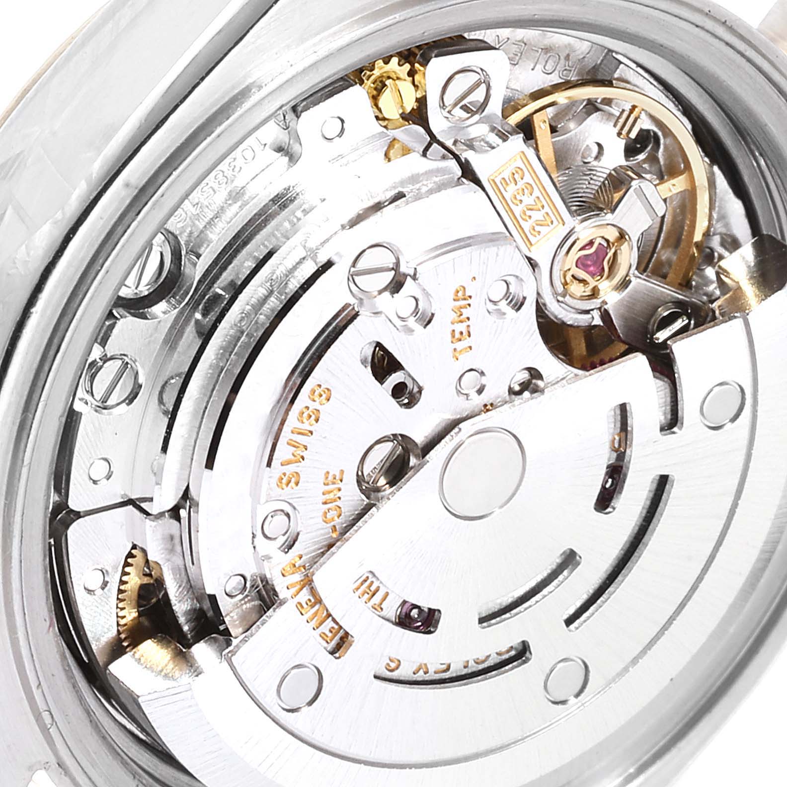 This is a close-up view of the movement and internal mechanisms of a Rolex Datejust 79173 Women
s Steel and Gold (two tone) Champagne Dial 79173 Women
s Steel and Gold (two tone) Champagne Dial watch.