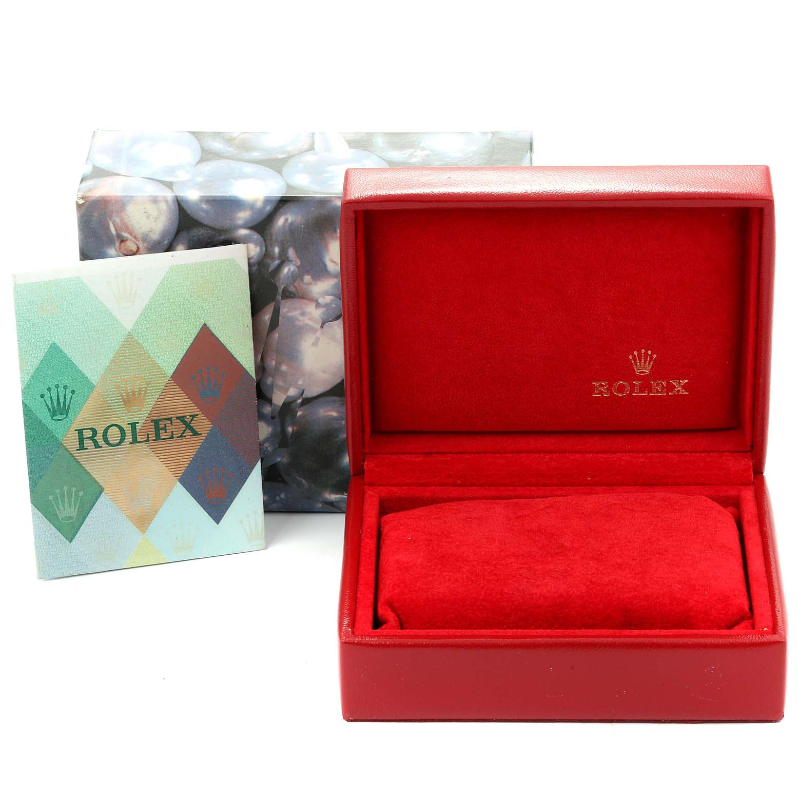 The image shows a red Rolex watch box, booklet, and outer box for a Rolex Datejust 79173 Women
s Steel and Gold (two tone) Champagne Dial 79173 Women
s Steel and Gold (two tone) Champagne Dial model.