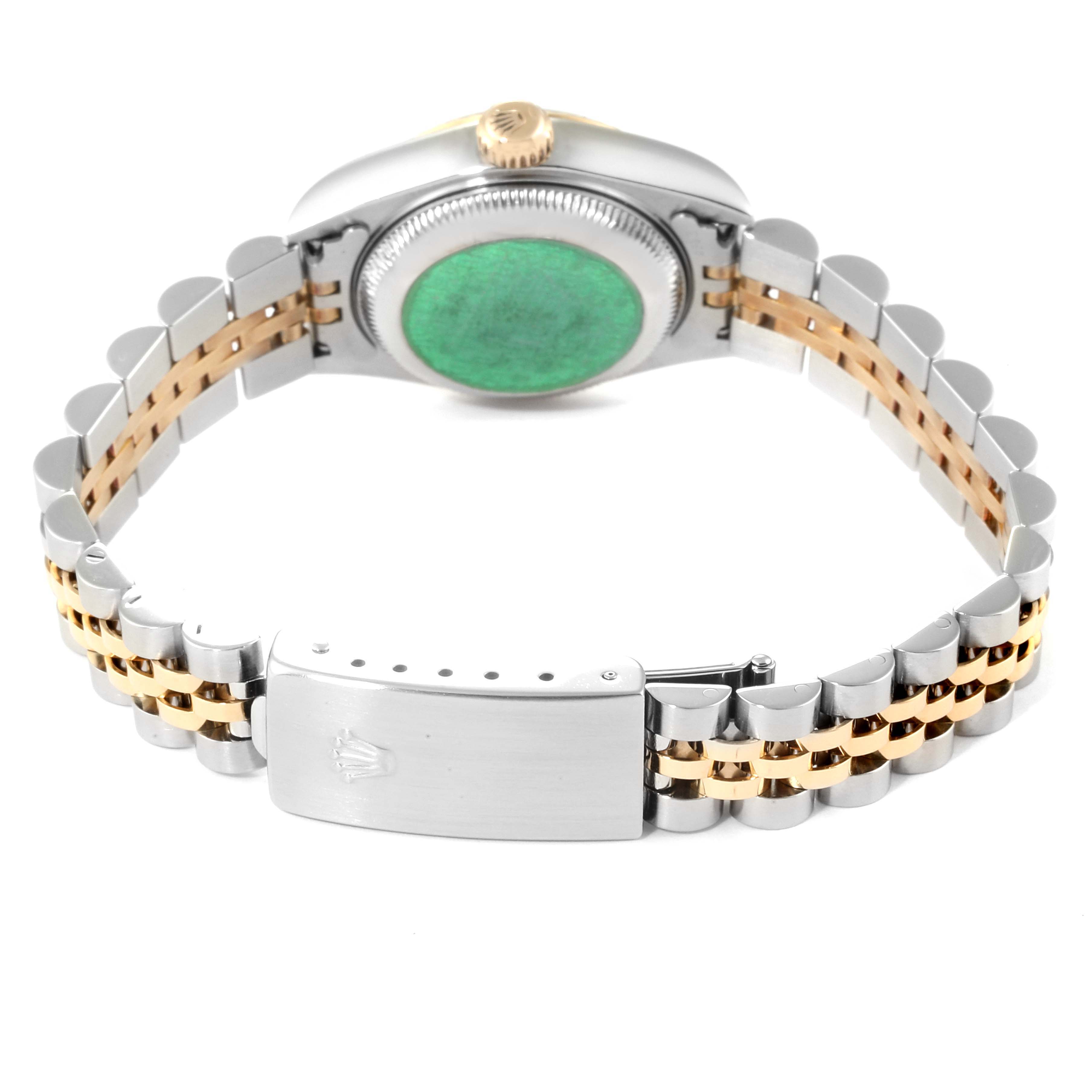 The image shows the back view of a Rolex Datejust 79173 Women
s Steel and Gold (two tone) Champagne Dial 79173 Women
s Steel and Gold (two tone) Champagne Dial watch, highlighting the case back, crown, and two-tone bracelet with a clasp.