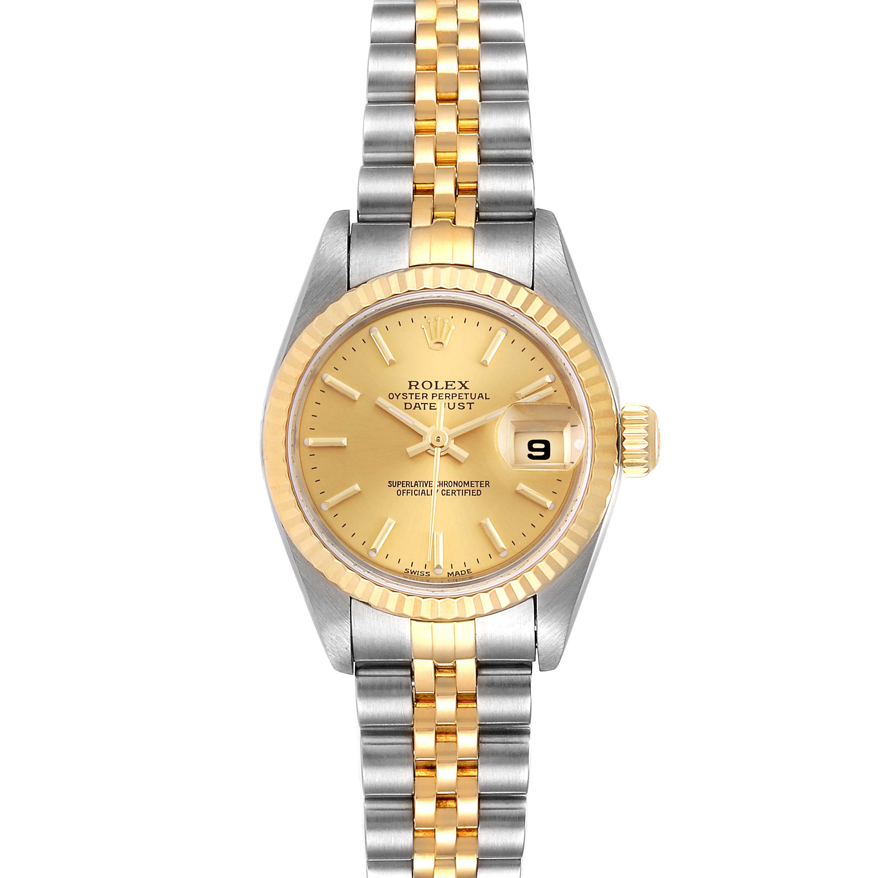 The Rolex Datejust 79173 Women
s Steel and Gold (two tone) Champagne Dial 79173 Women
s Steel and Gold (two tone) Champagne Dial watch is shown from the front, displaying the dial, bezel, crown, and two-tone bracelet.
