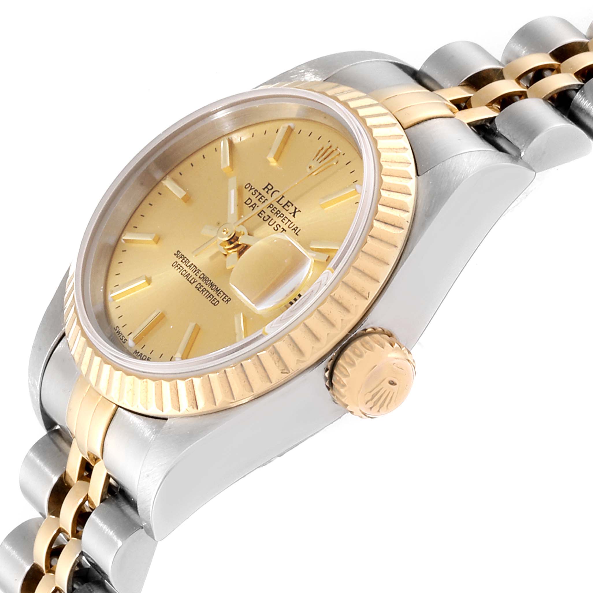 The image shows the side view of a Rolex Datejust 79173 Women
s Steel and Gold (two tone) Champagne Dial 79173 Women
s Steel and Gold (two tone) Champagne Dial, highlighting the crown, bezel, and part of the bracelet.