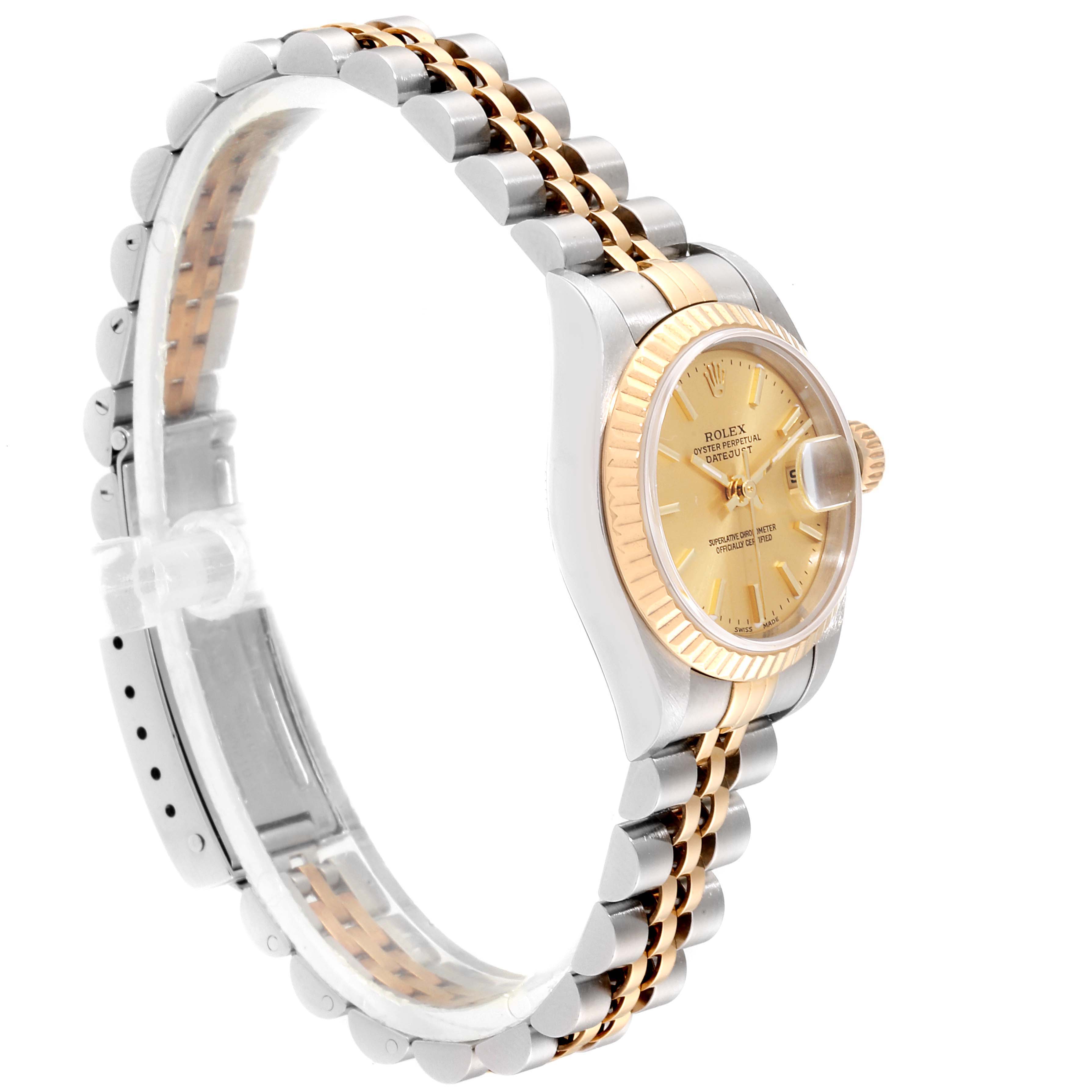 The image shows a Rolex Datejust 79173 Women
s Steel and Gold (two tone) Champagne Dial 79173 Women
s Steel and Gold (two tone) Champagne Dial watch from a side angle, displaying the bracelet and gold dial.