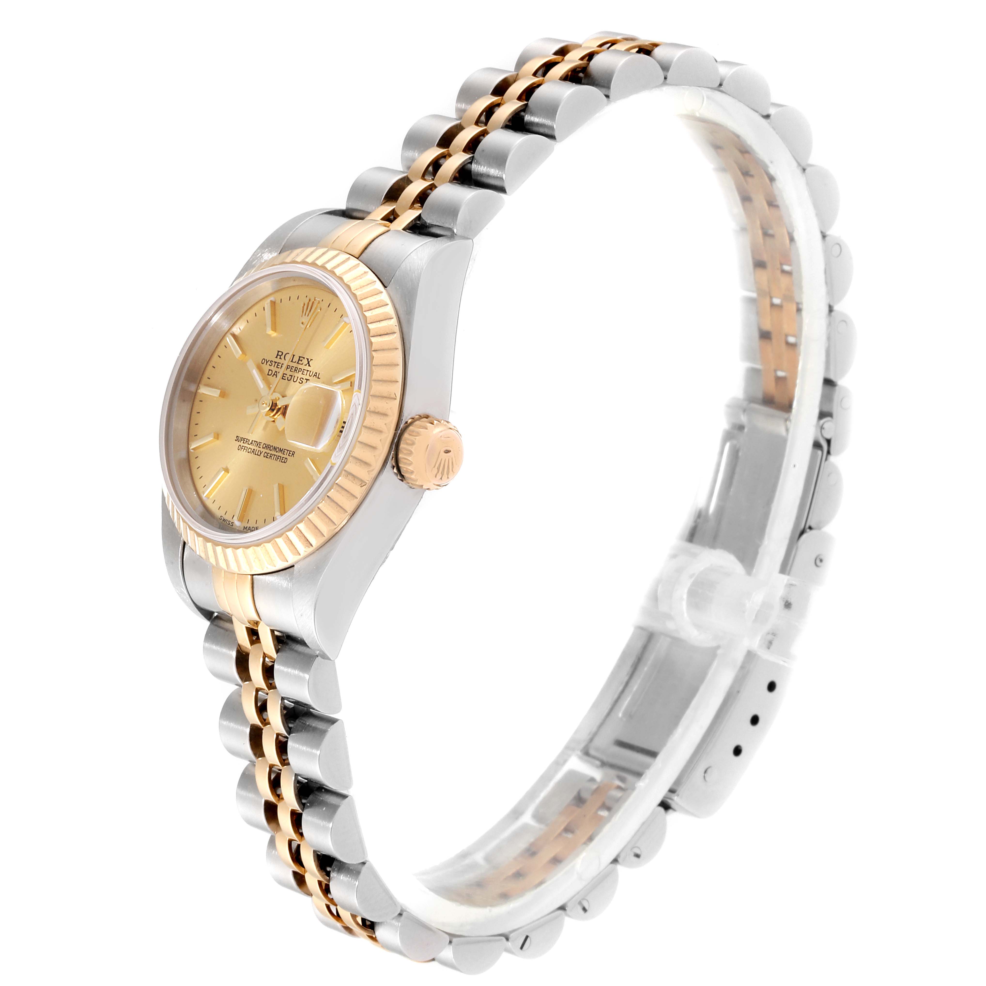 The image shows a side view of a Rolex Datejust 79173 Women
s Steel and Gold (two tone) Champagne Dial 79173 Women
s Steel and Gold (two tone) Champagne Dial watch highlighting its yellow gold and steel jubilee bracelet and fluted bezel.