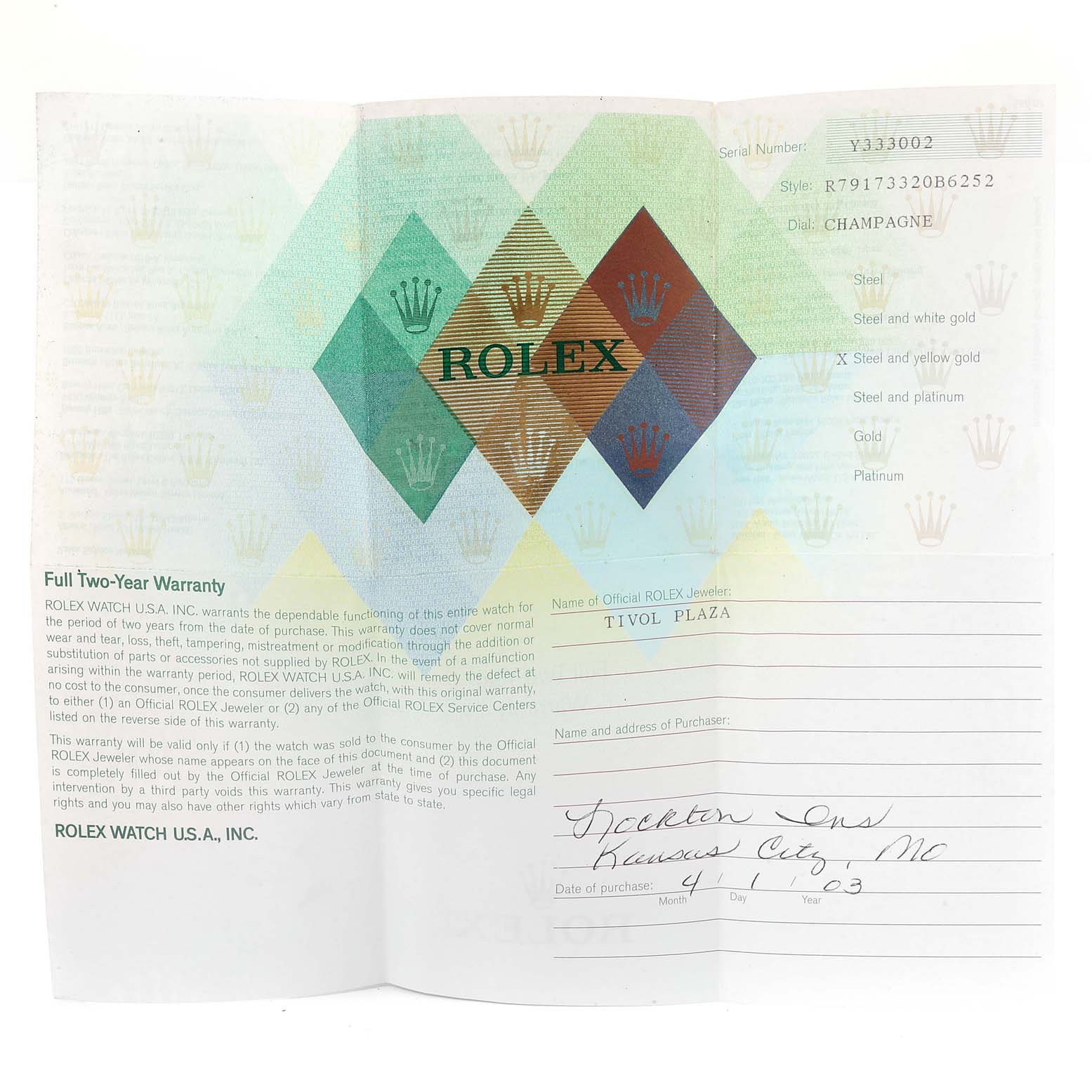 The image shows a warranty card for a Rolex Datejust 79173 Women
s Steel and Gold (two tone) Champagne Dial 79173 Women
s Steel and Gold (two tone) Champagne Dial model, including serial number, style, and purchase details.