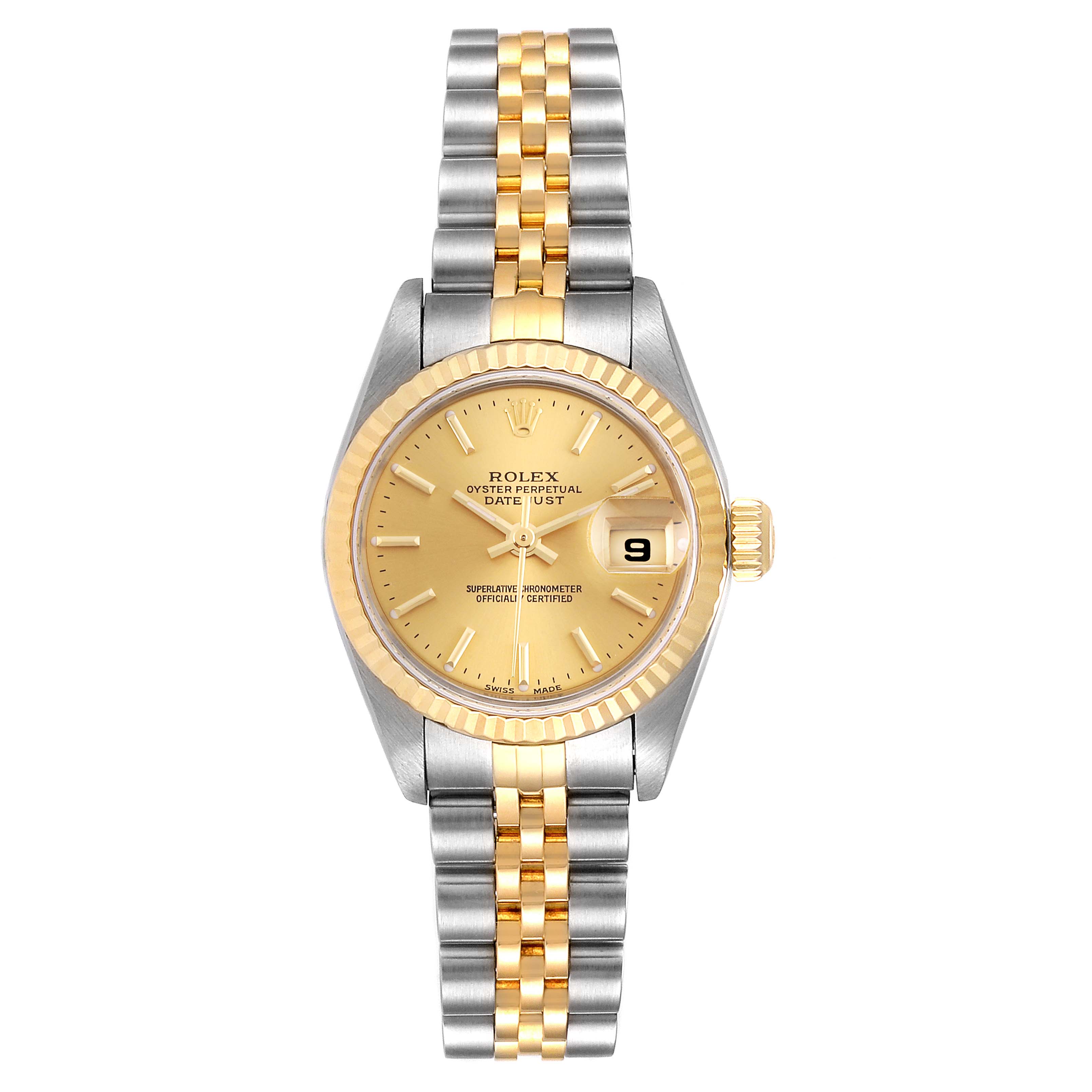 The image shows a front view of a Rolex Datejust 79173 Women
s Steel and Gold (two tone) Champagne Dial 79173 Women
s Steel and Gold (two tone) Champagne Dial watch, highlighting its gold bezel, champagne dial, and two-tone bracelet.