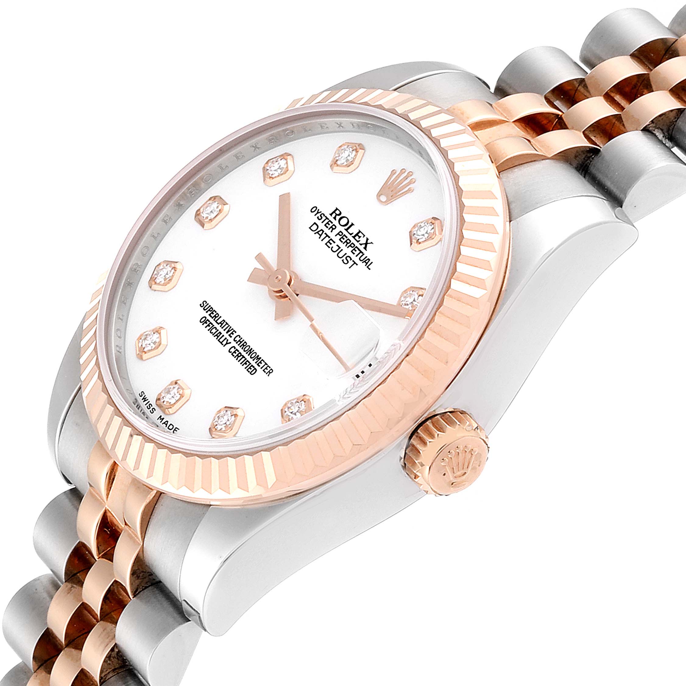 The image shows a Rolex Mid-Size 178271 Women
s Steel and Gold (two tone) White Dial 178271 Women
s Steel and Gold (two tone) White Dial Datejust watch showcasing the dial, bezel, crown, and part of the bracelet at an oblique angle.