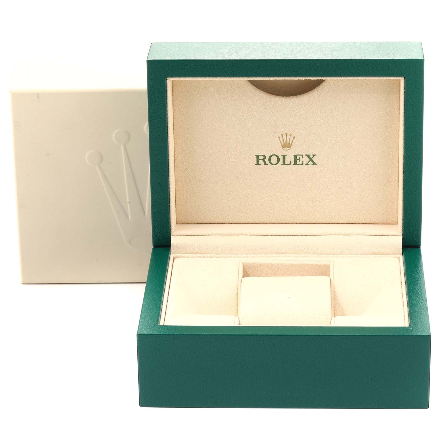 The image shows an open green Rolex watch box for a Mid-Size model, featuring a cream interior with a cushion and compartments.