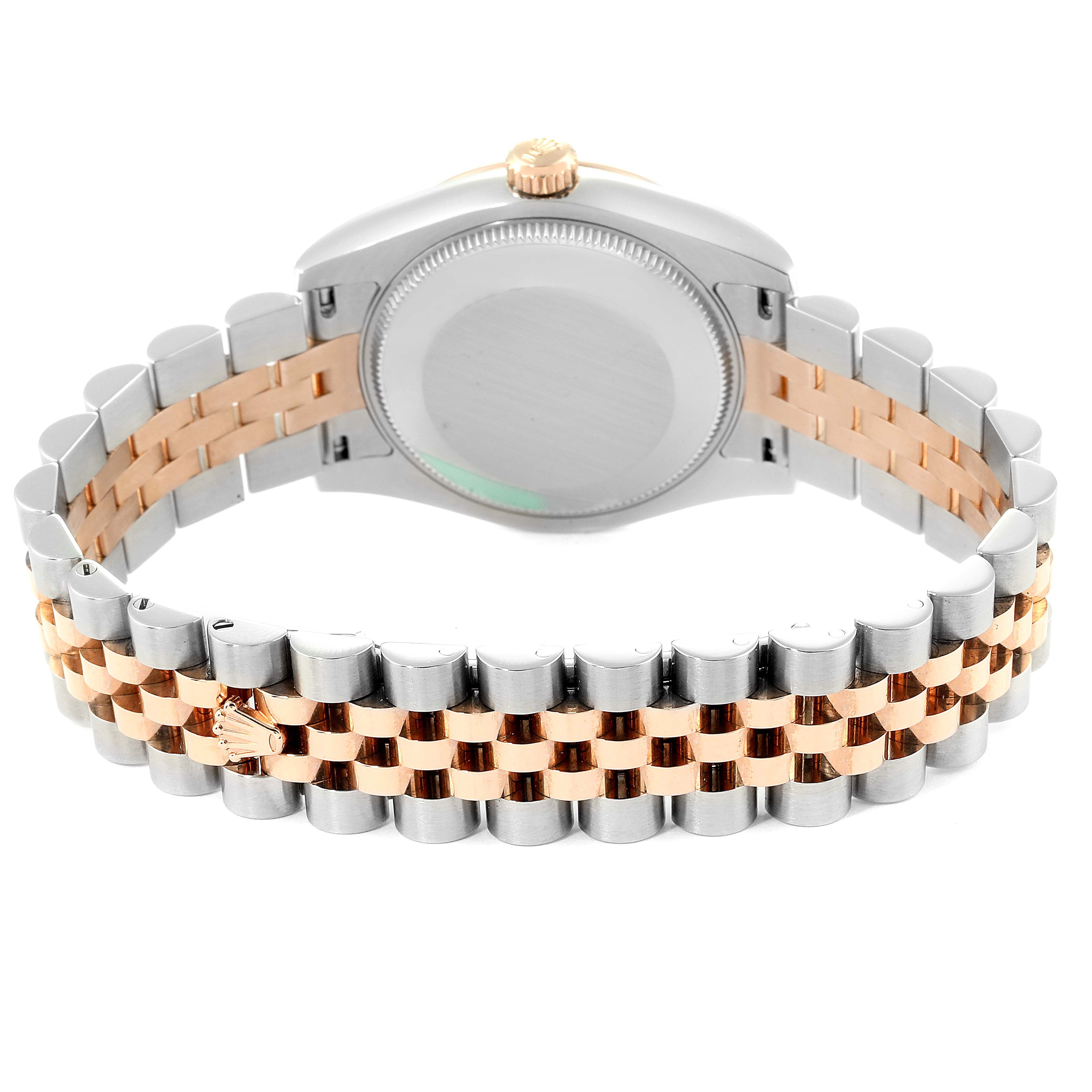 This image shows the back and bracelet of a Mid-Size Rolex watch, highlighting its two-tone metal bands and clasp.