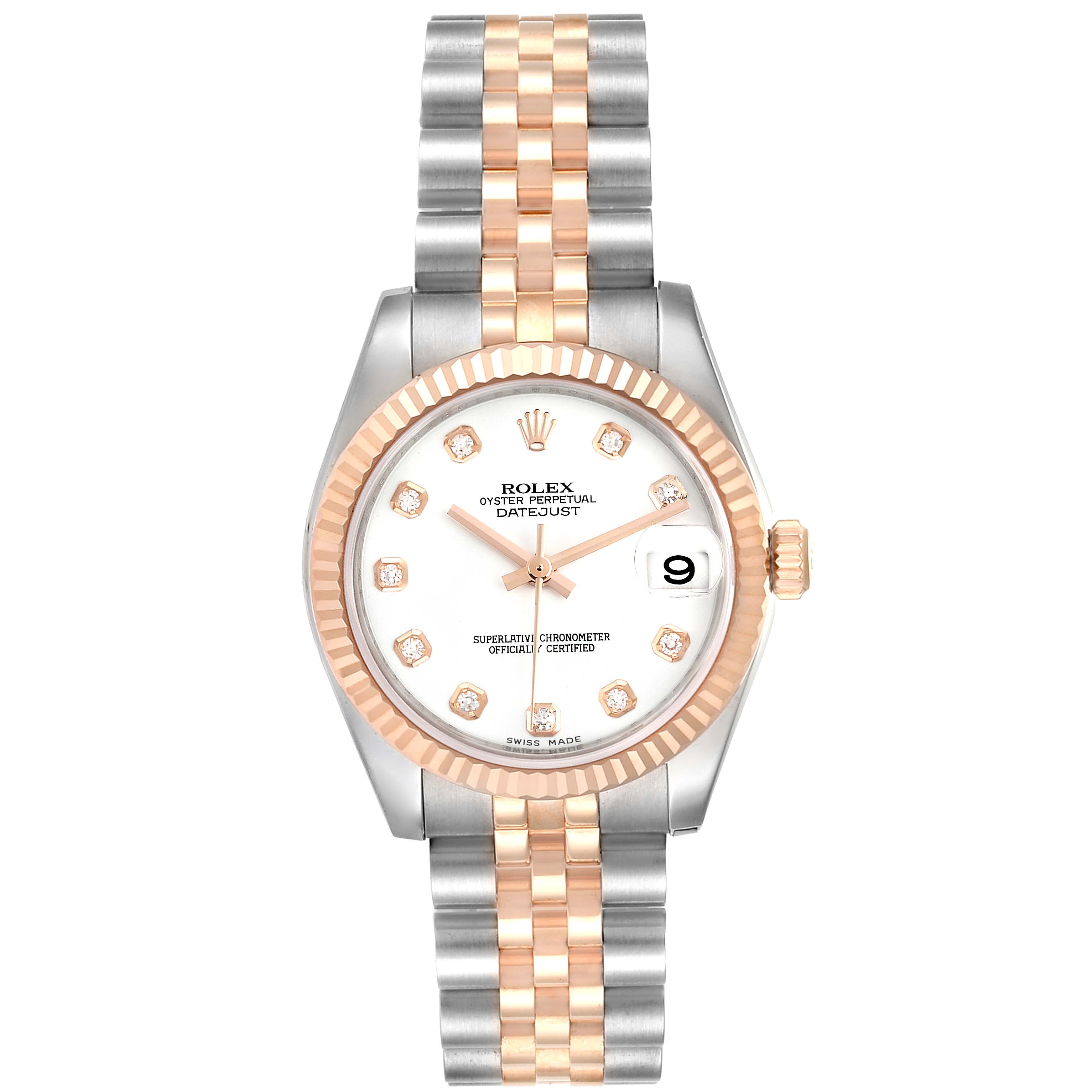 This is a frontal view of a Rolex Mid-Size 178271 Women
s Steel and Gold (two tone) White Dial 178271 Women
s Steel and Gold (two tone) White Dial Oyster Perpetual Datejust, showing the dial, bezel, and bracelet.