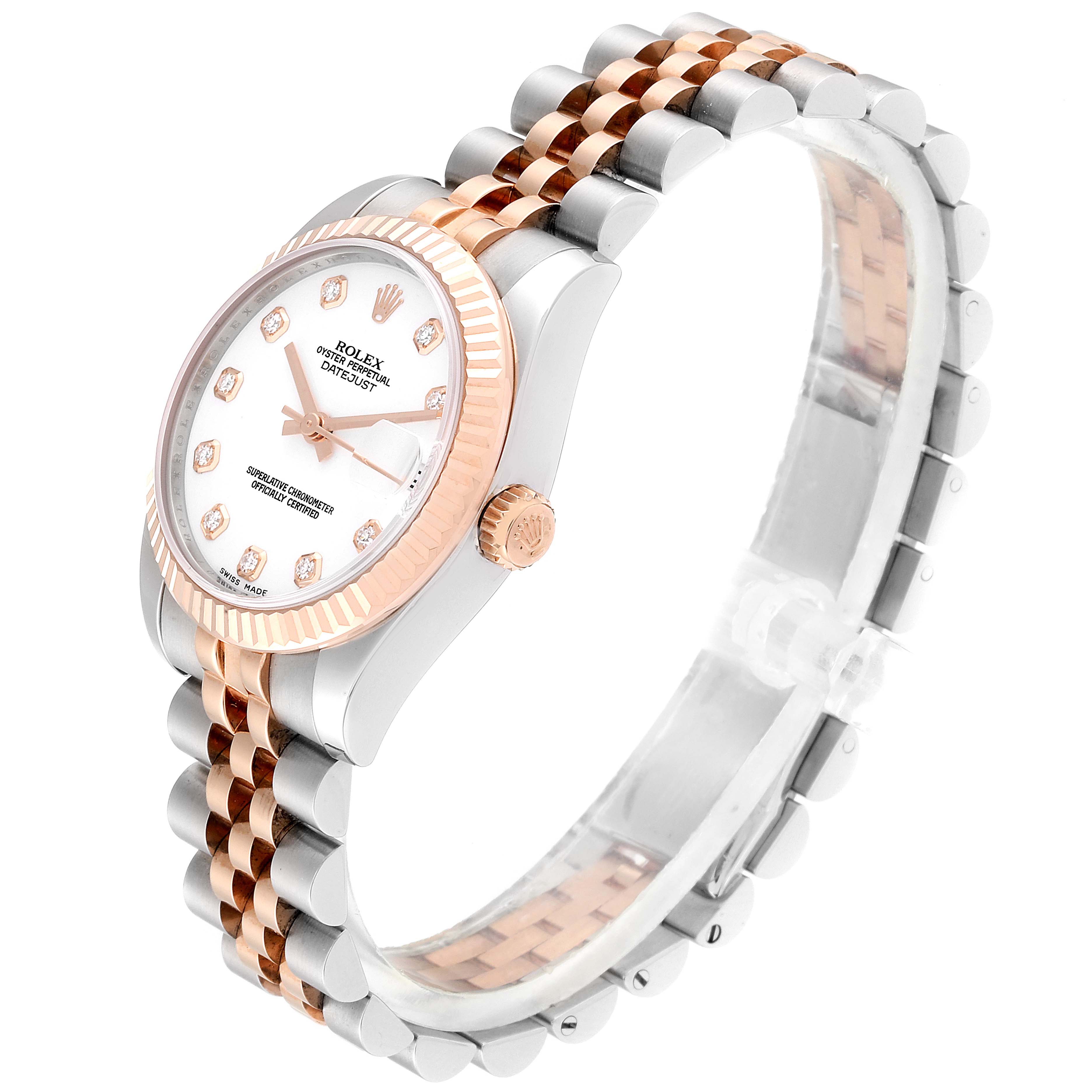 The image shows a Rolex Mid-Size 178271 Women
s Steel and Gold (two tone) White Dial 178271 Women
s Steel and Gold (two tone) White Dial Datejust watch from a three-quarter angle, highlighting its face, bezel, and bracelet.