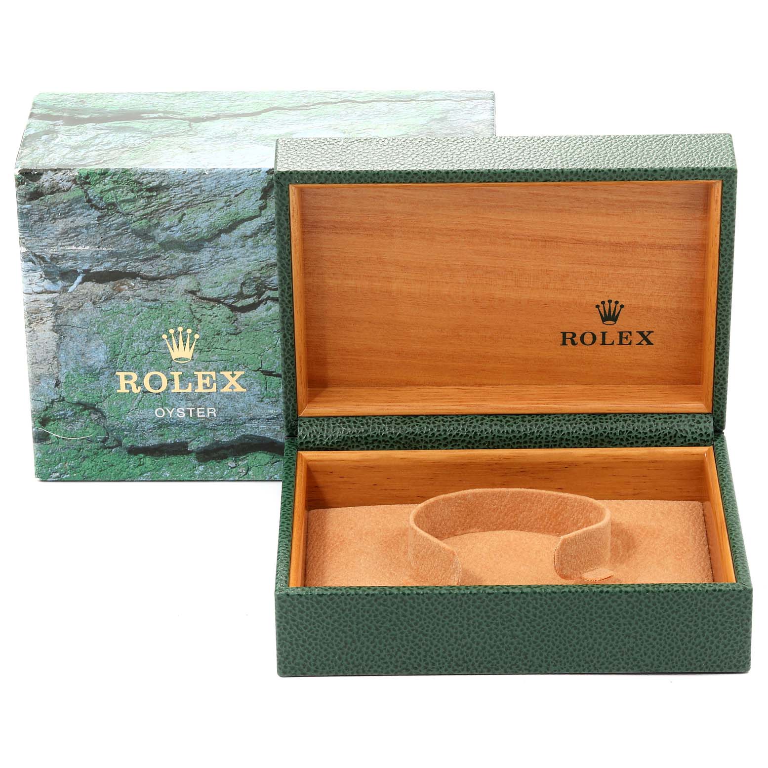 The image shows an open Rolex Datejust 16234 Men's Stainless Steel Black Dial 16234 Men's Stainless Steel Black Dial watch box with an Oyster exterior design and a tan interior.