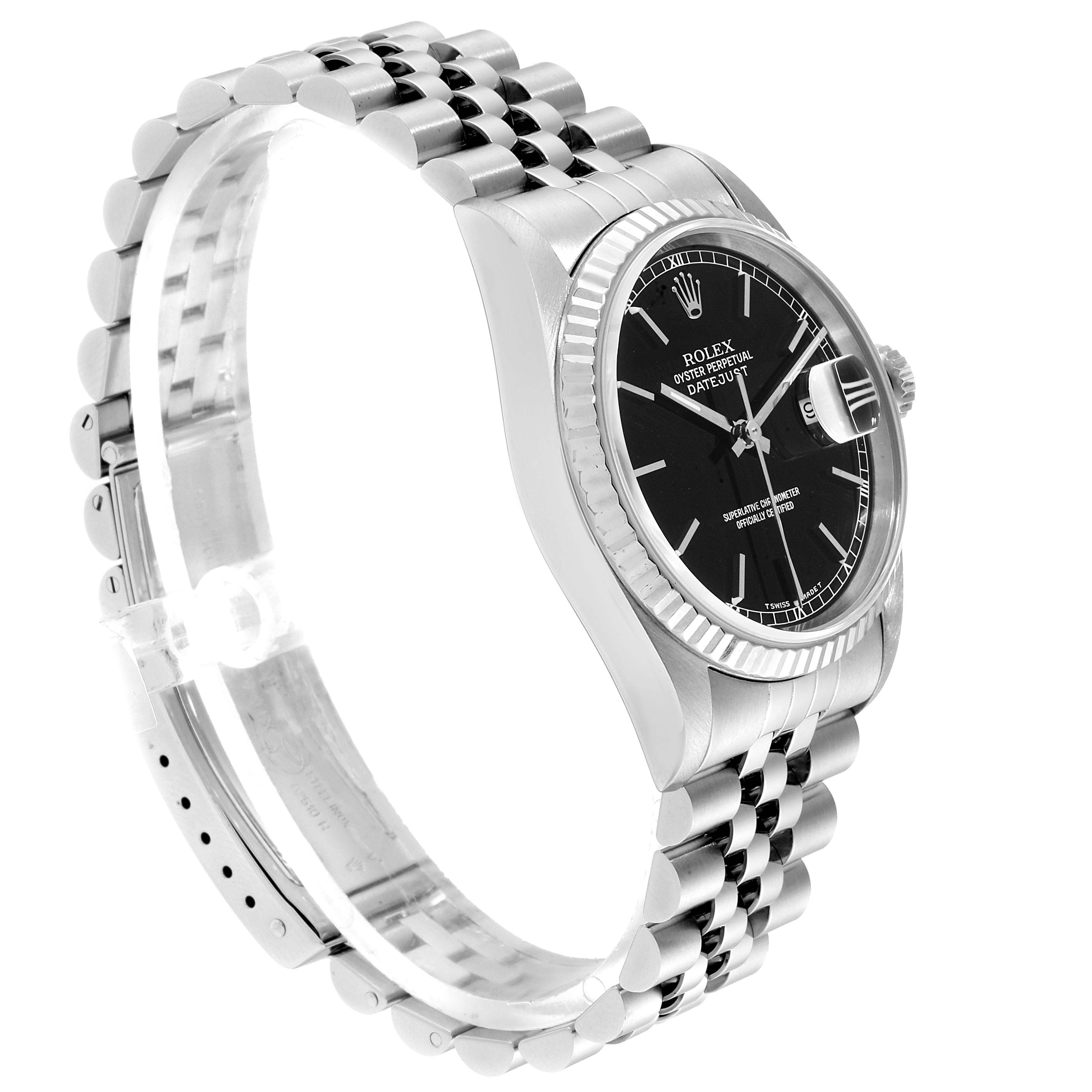 The image shows a side angle of the Rolex Datejust 16234 Men's Stainless Steel Black Dial 16234 Men's Stainless Steel Black Dial watch, highlighting its black dial, fluted bezel, and Jubilee bracelet.