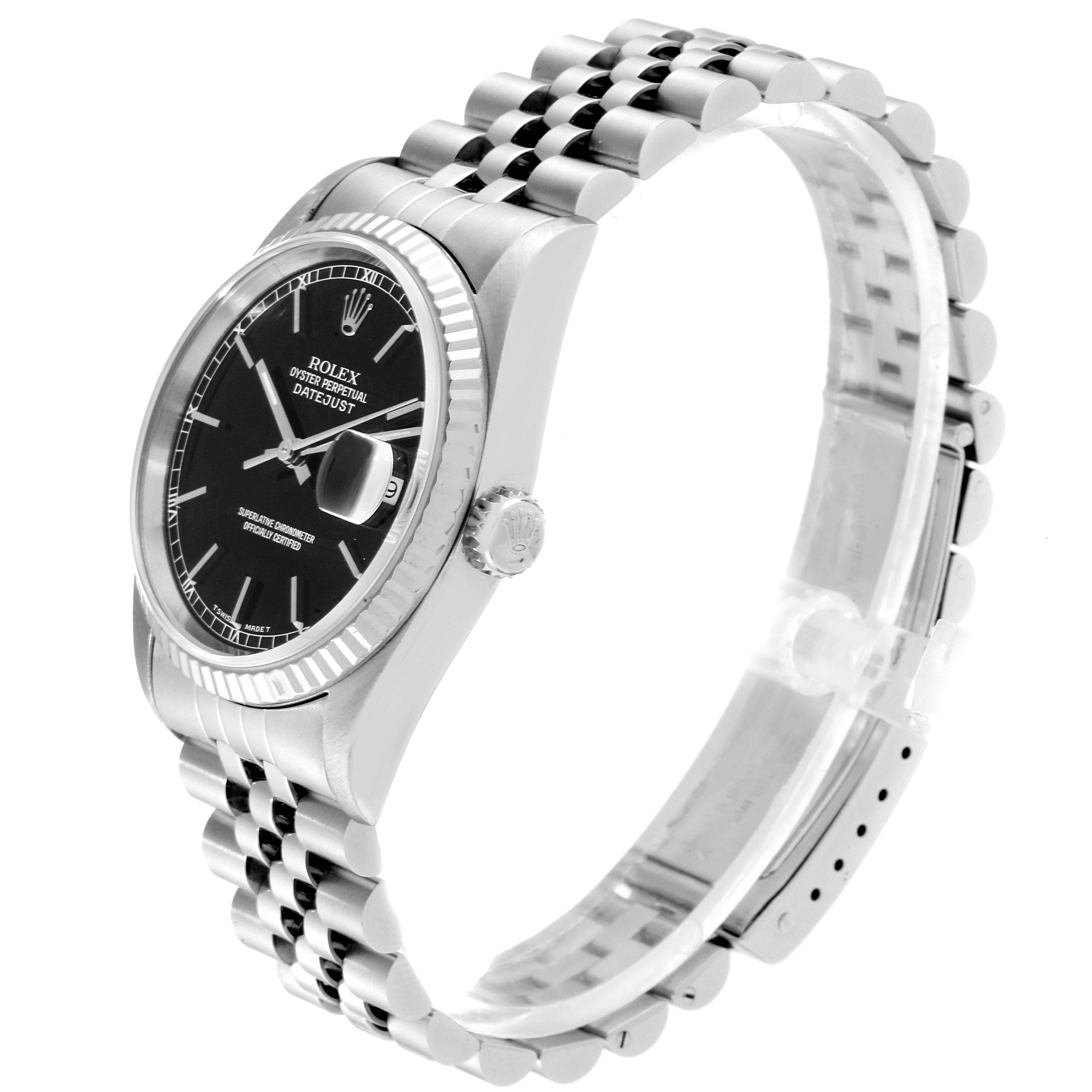 The image shows a side angle of a Rolex Datejust 16234 Men's Stainless Steel Black Dial 16234 Men's Stainless Steel Black Dial watch highlighting the face, fluted bezel, and Jubilee bracelet.