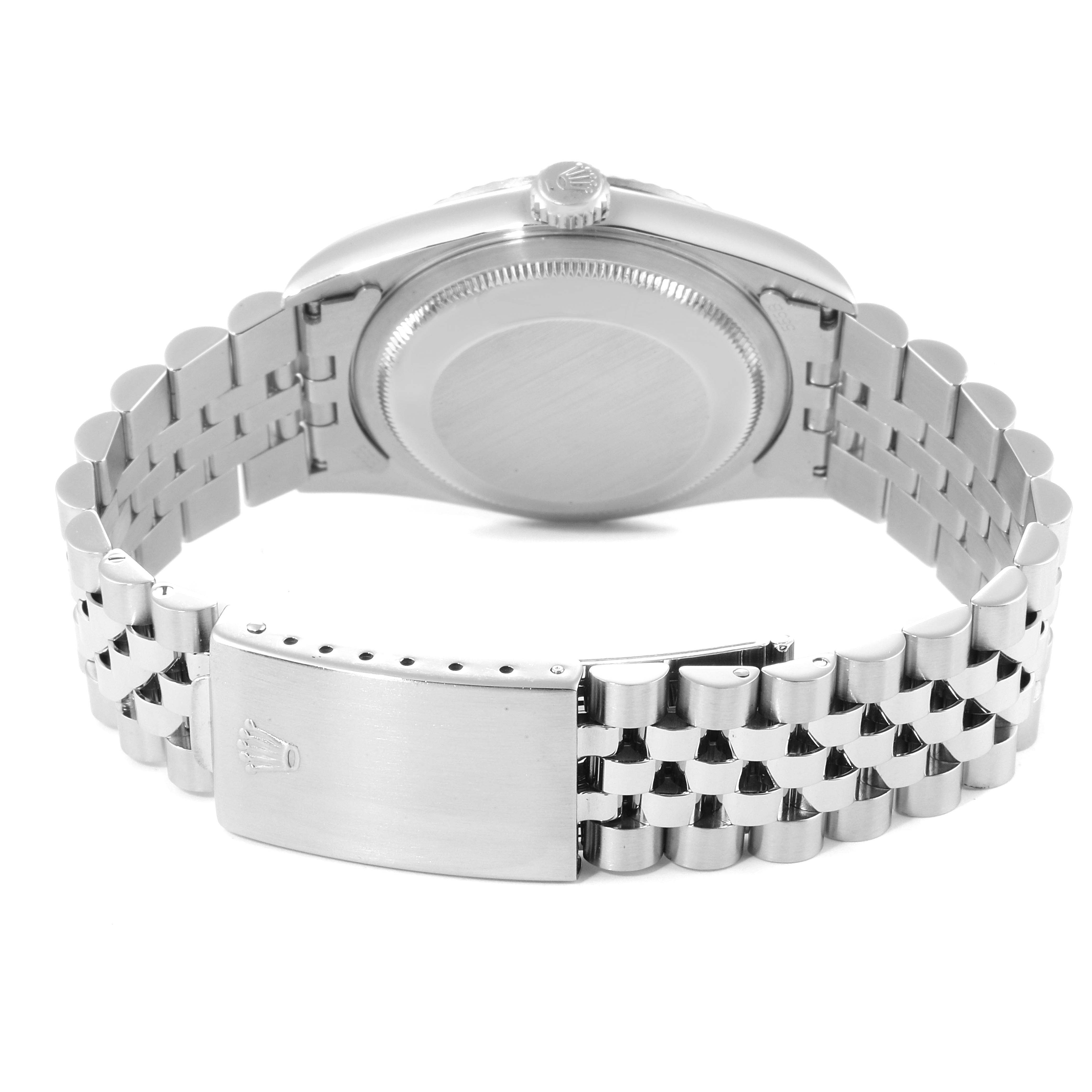 The image shows the back view of a Rolex Datejust 16234 Men's Stainless Steel Black Dial 16234 Men's Stainless Steel Black Dial watch, highlighting its case back, crown, and Jubilee bracelet clasp.