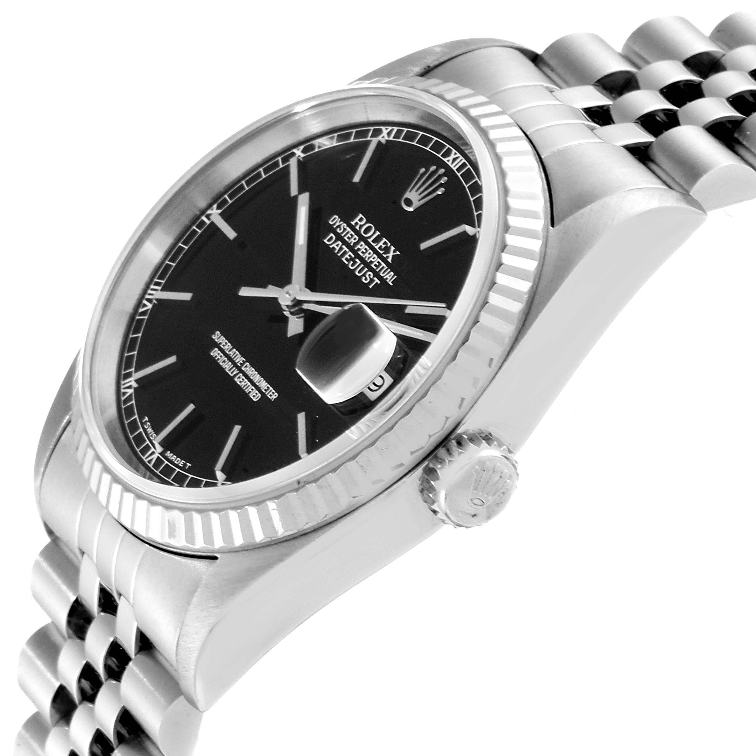 This image shows a side and partial front view of a Rolex Datejust 16234 Men's Stainless Steel Black Dial 16234 Men's Stainless Steel Black Dial watch, featuring the bezel, crown, and part of the bracelet.