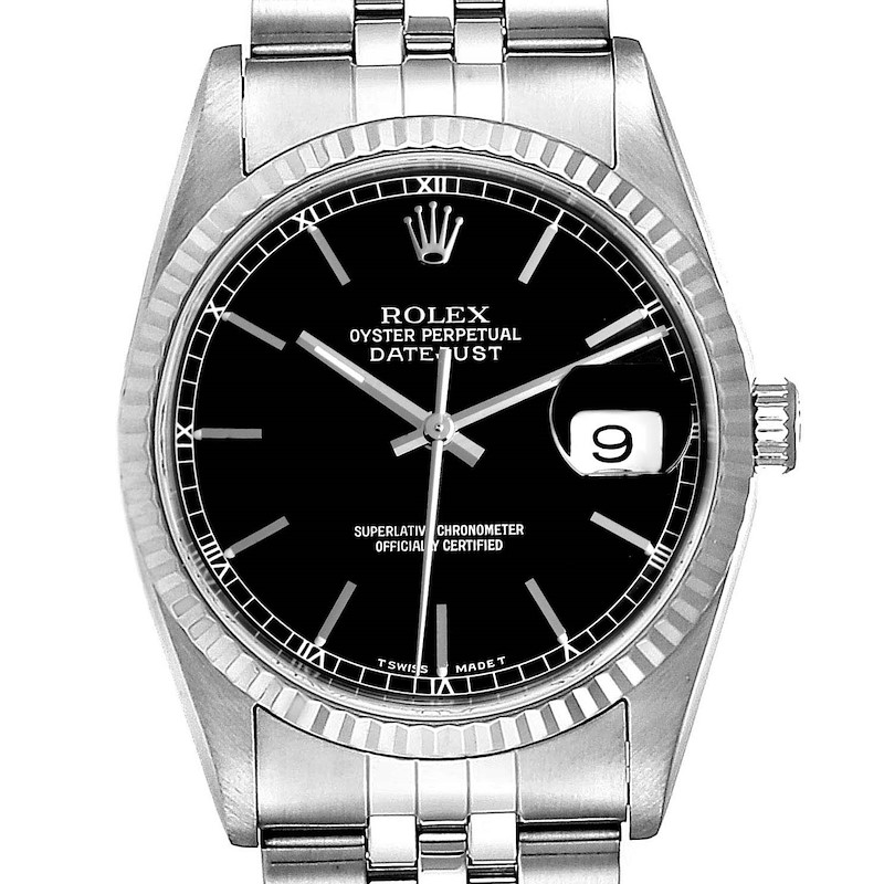 The image shows a front view of a Rolex Datejust watch, displaying the dial, bezel, crown, and part of the bracelet.