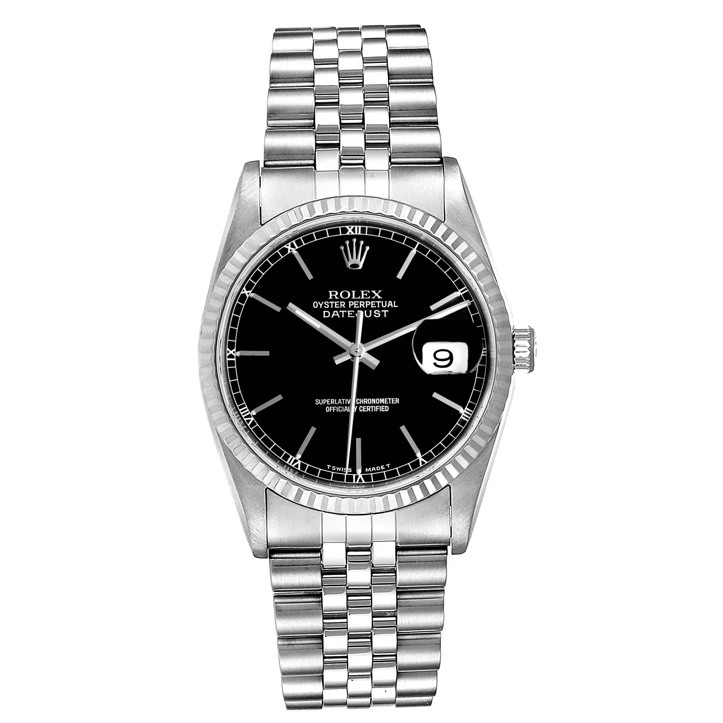 This image shows the front view of a Rolex Datejust 16234 Men's Stainless Steel Black Dial 16234 Men's Stainless Steel Black Dial watch, displaying the dial, case, bezel, bracelet, hands, and date window.