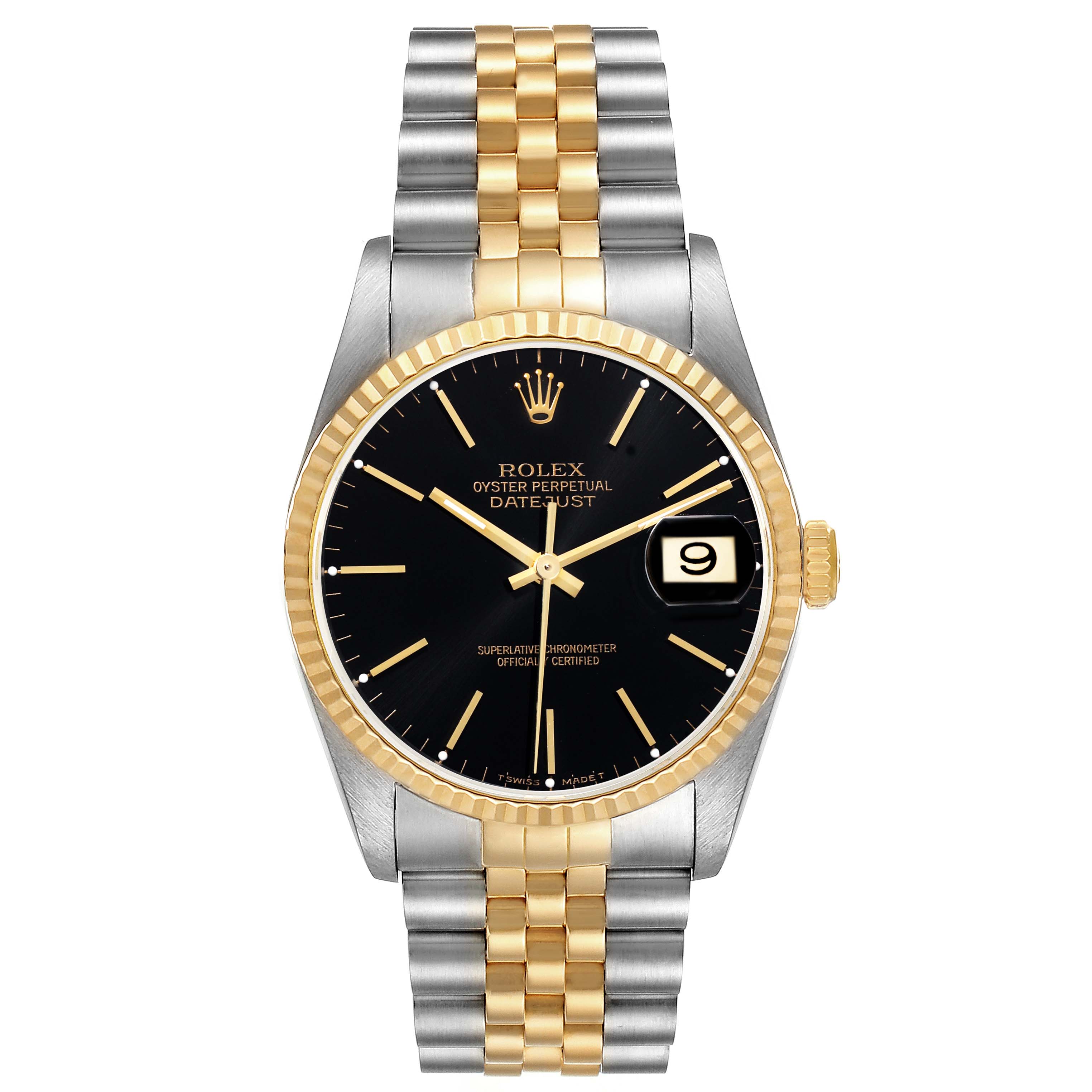 The image shows a frontal view of the Rolex Datejust 16233 Men's Steel and Gold (two tone) Black Dial 16233 Men's Steel and Gold (two tone) Black Dial watch, highlighting the dual-tone bracelet, black dial, and date window.